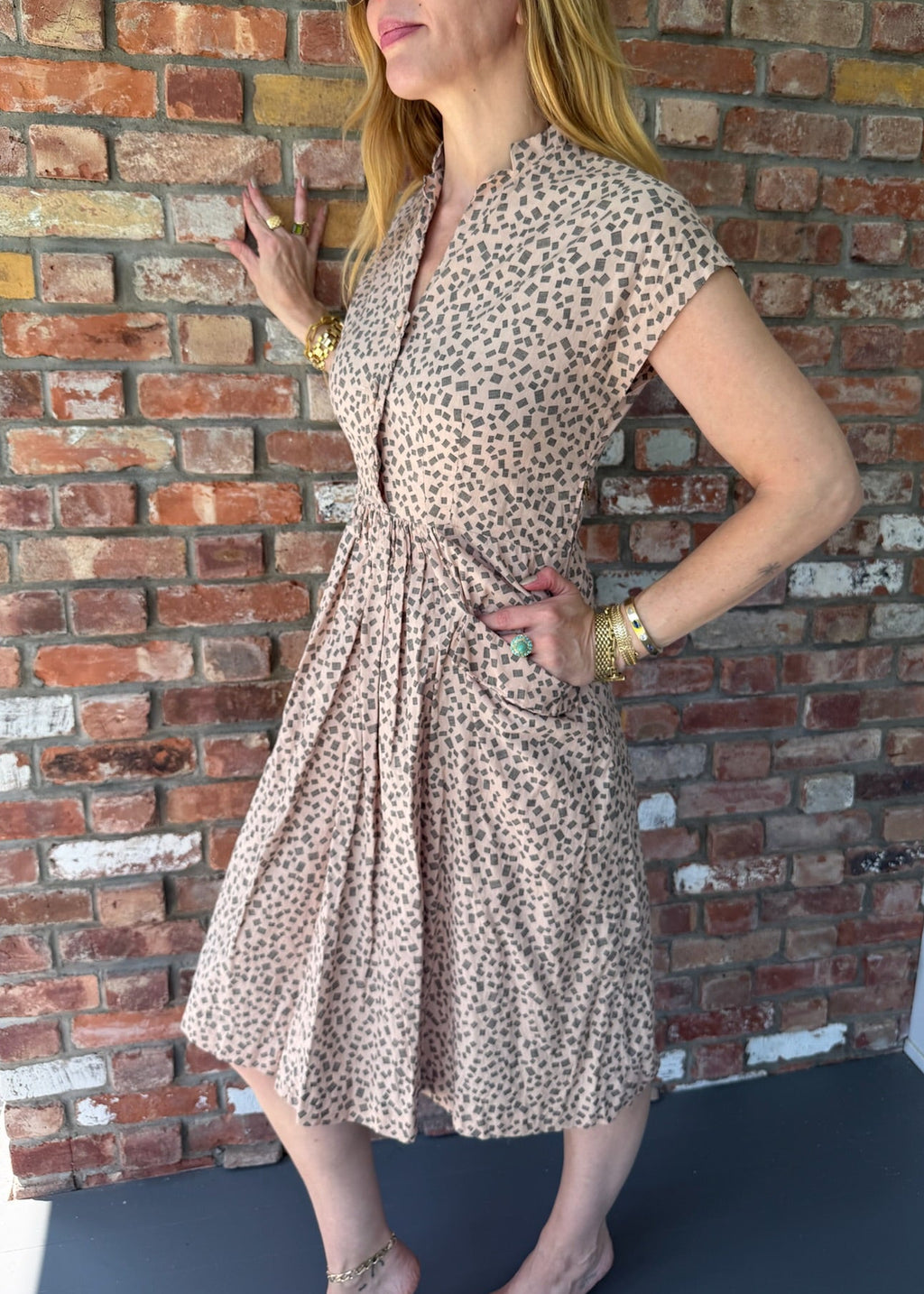 1950s Geometric Print Full Skirt Day Dress