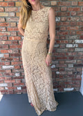 1960s-1970s Champagne Floral Lace Maxi Evening Dress