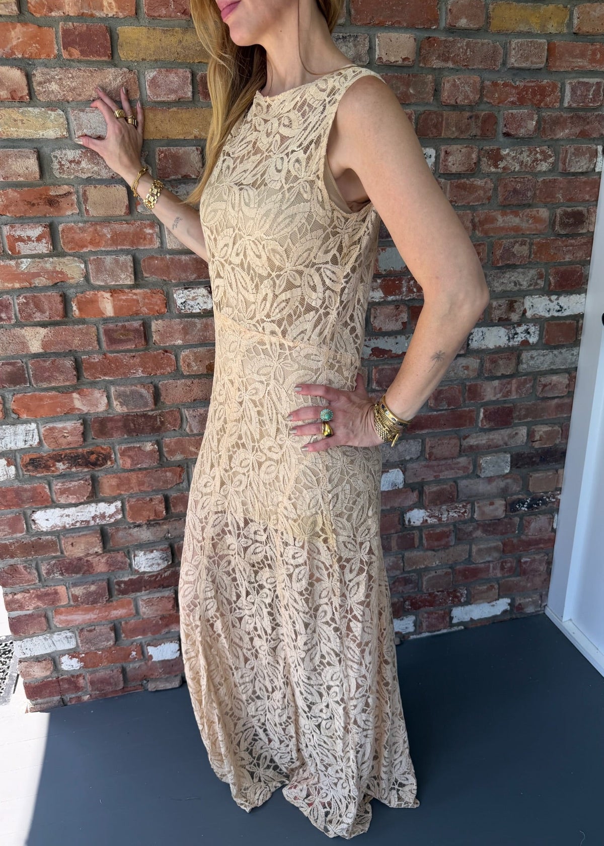 1960s-1970s Champagne Floral Lace Maxi Evening Dress