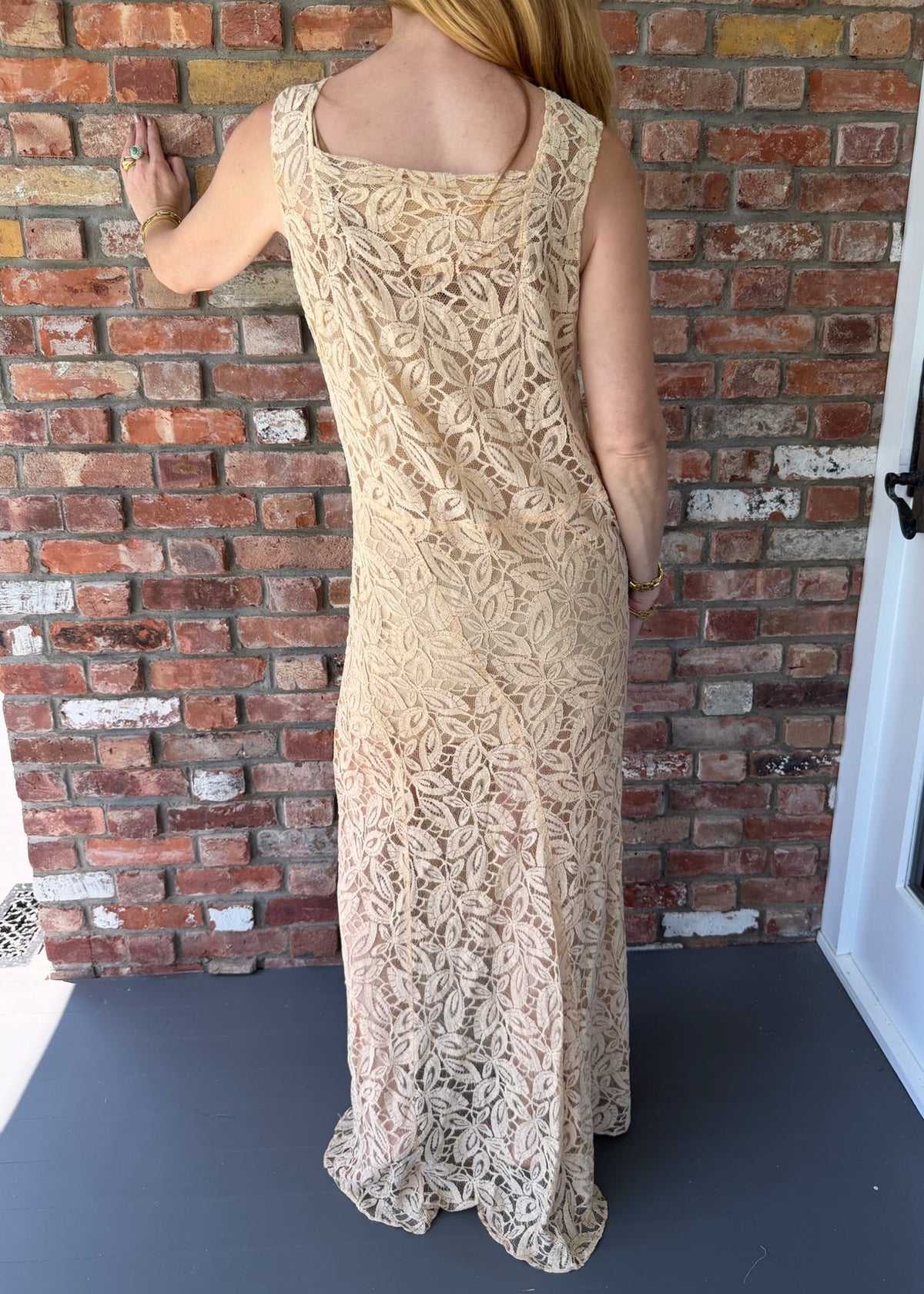 1960s-1970s Champagne Floral Lace Maxi Evening Dress
