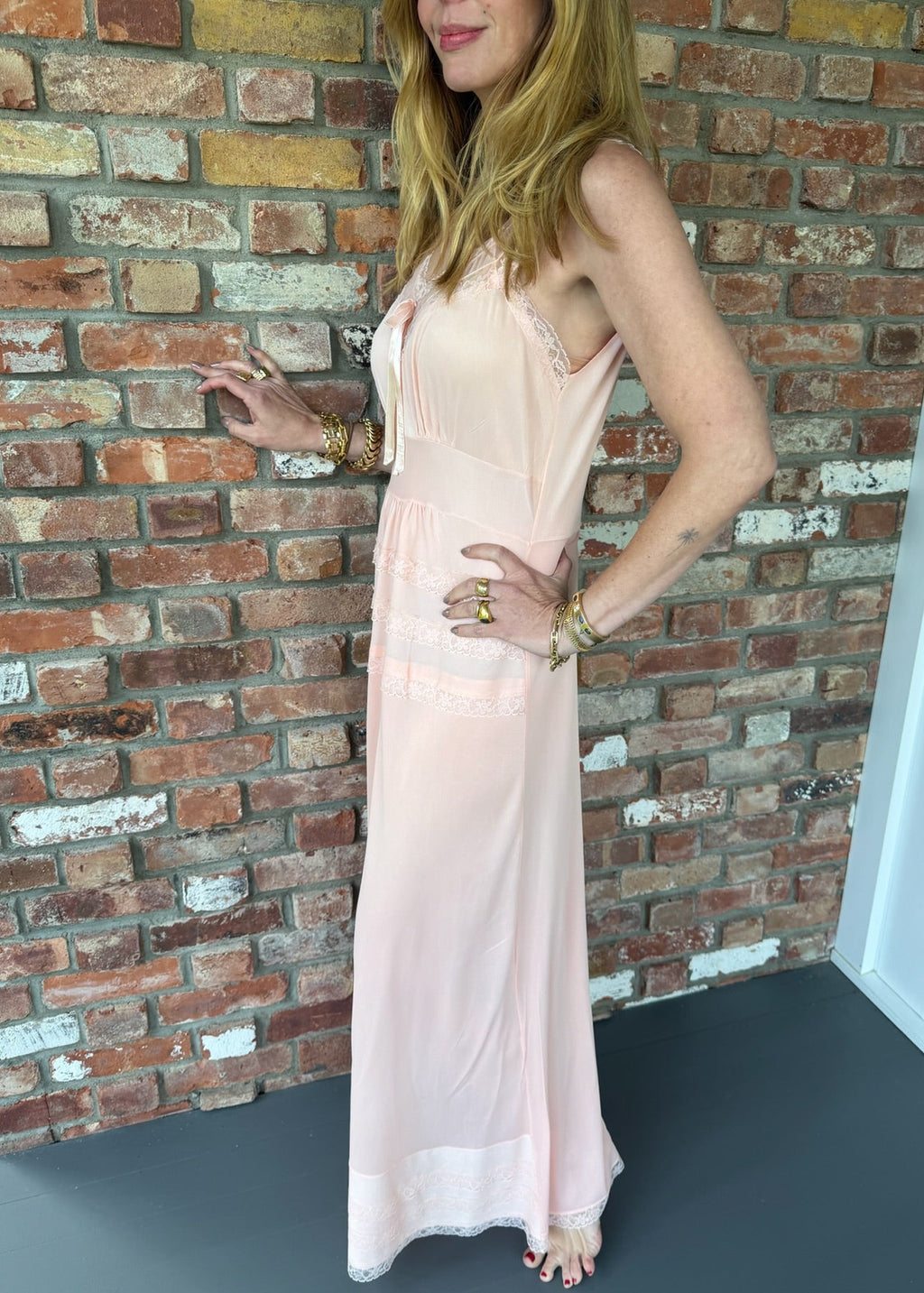 1950s to 1960s Peach Slip Gown with Lace Trim