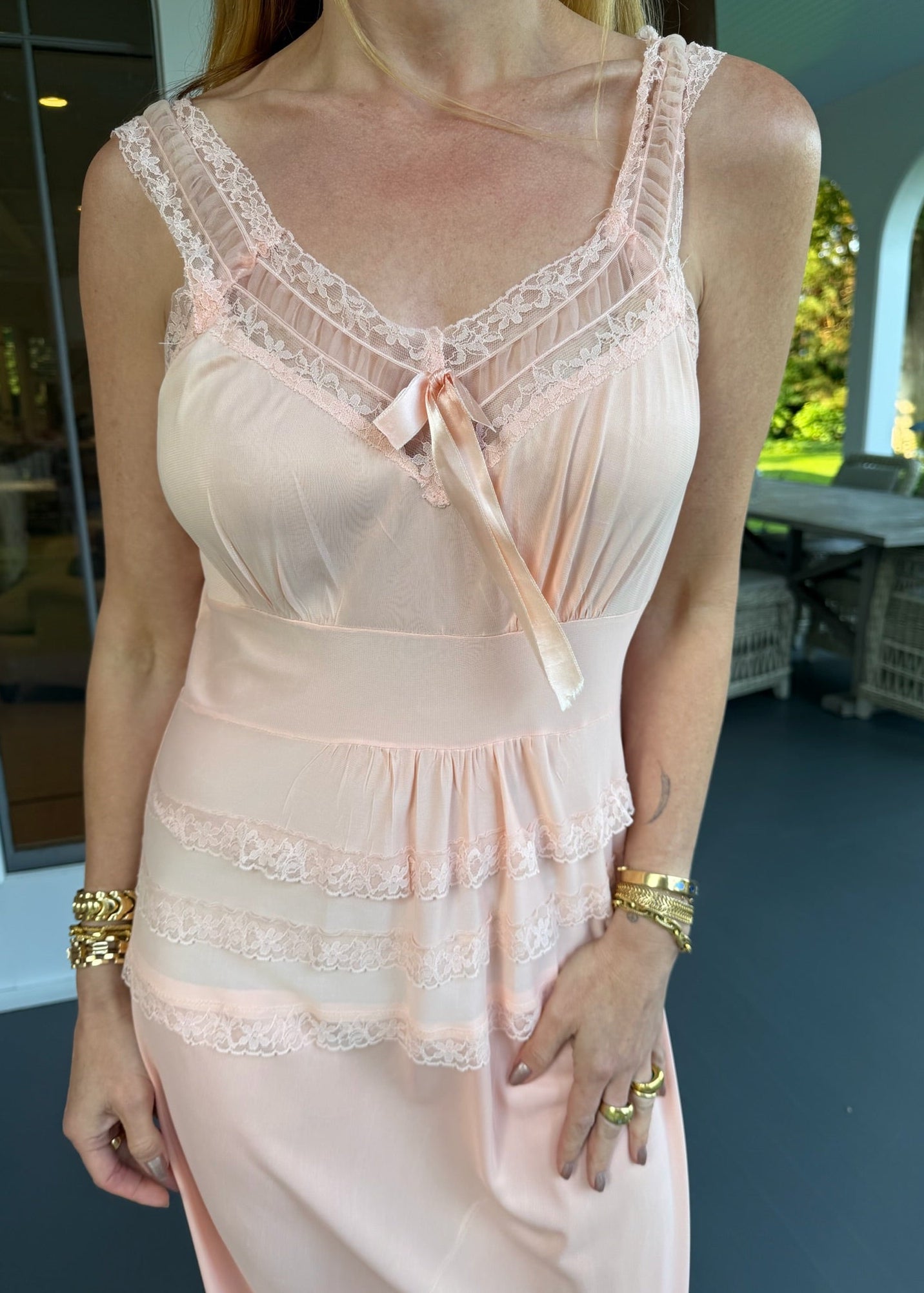 1950s to 1960s Peach Slip Gown with Lace Trim