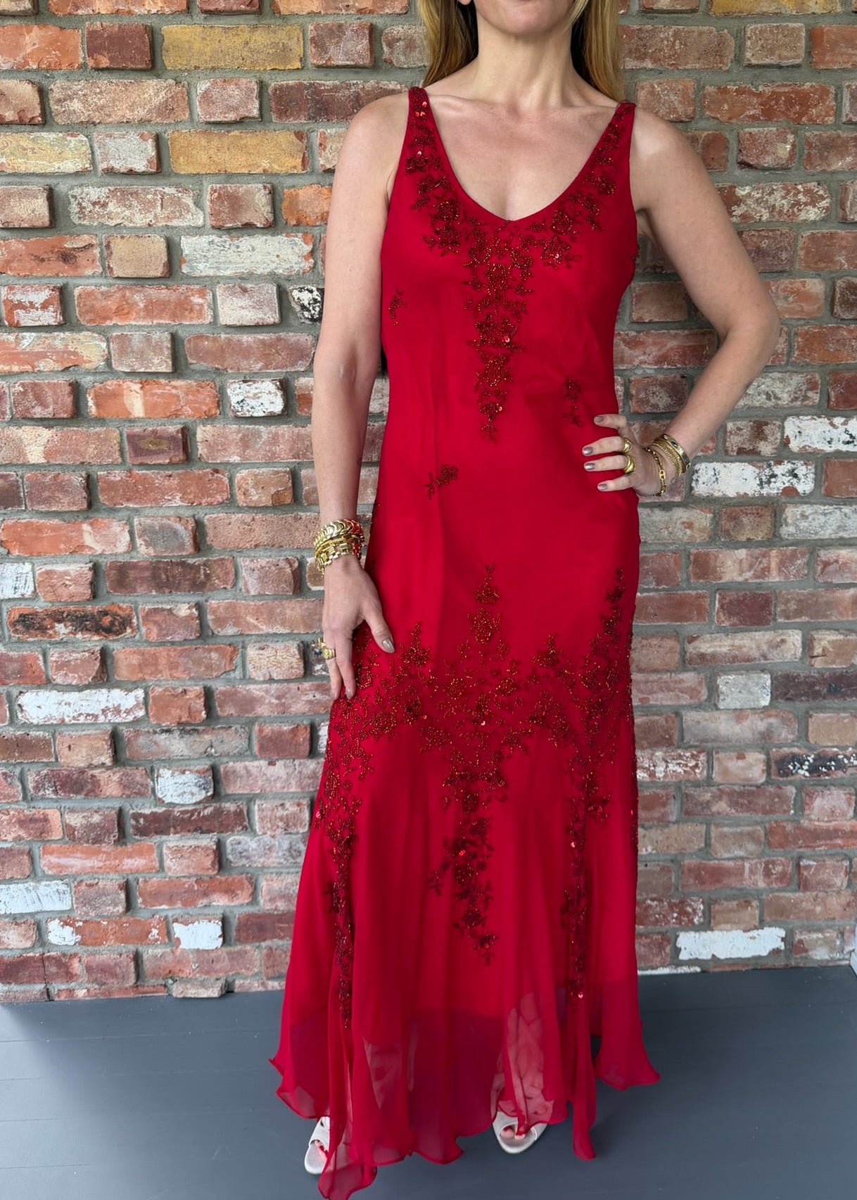 1990s Red Beaded Evening Gown