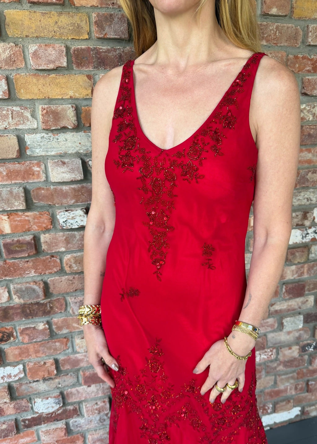 1990s Red Beaded Evening Gown