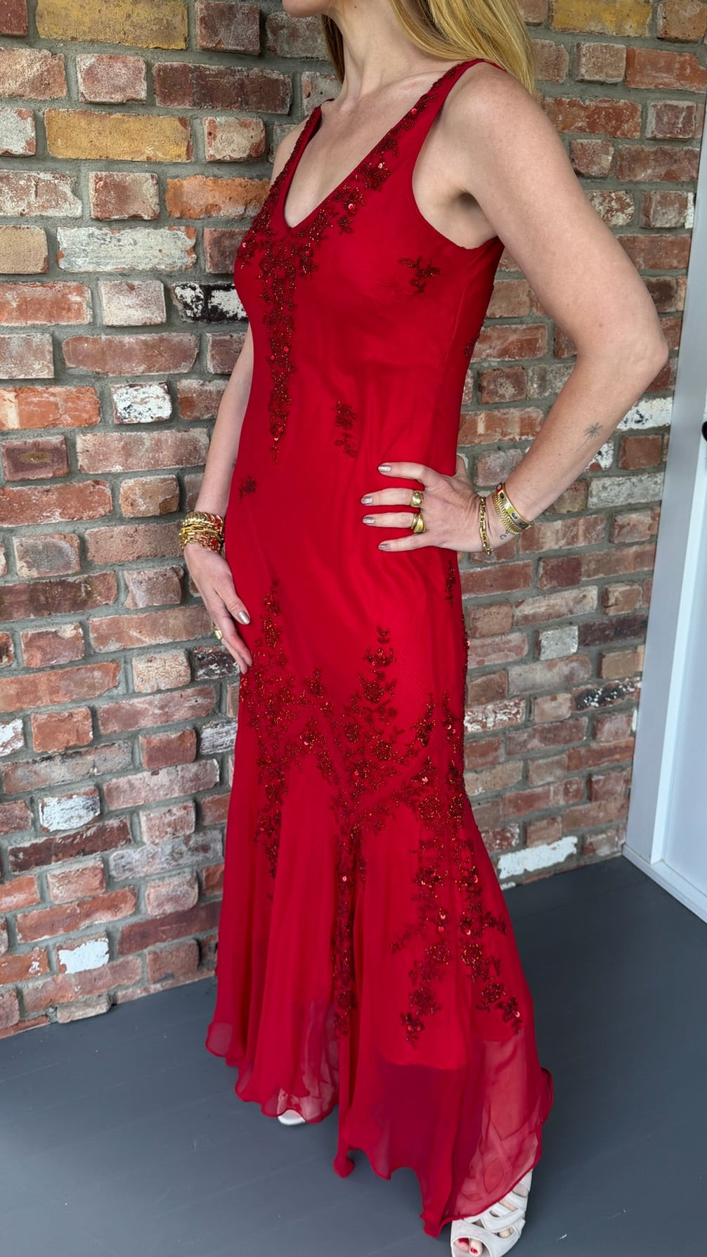 1990s Red Beaded Evening Gown