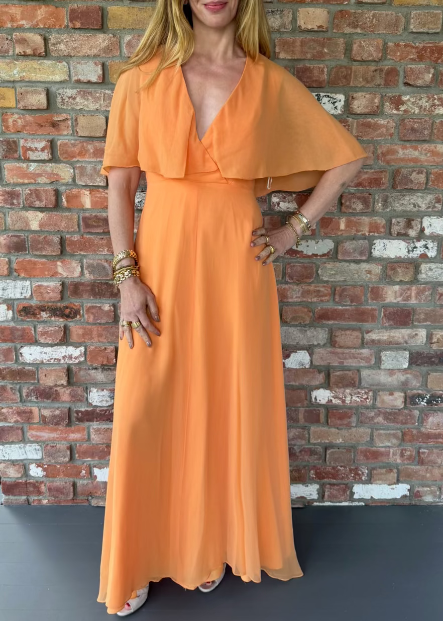 1970s Apricot Chiffon Cape Sleeve Gown