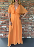 1970s Apricot Chiffon Cape Sleeve Gown