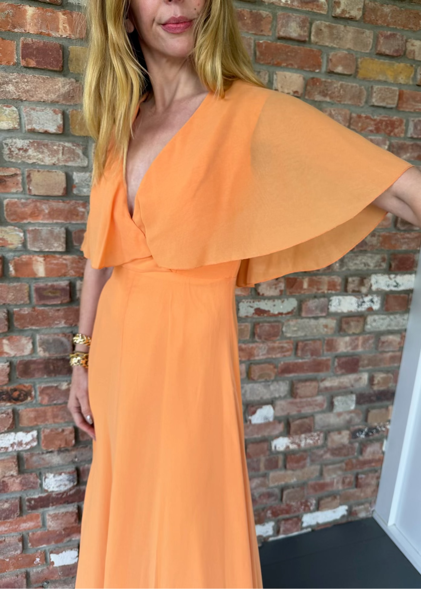 1970s Apricot Chiffon Cape Sleeve Gown
