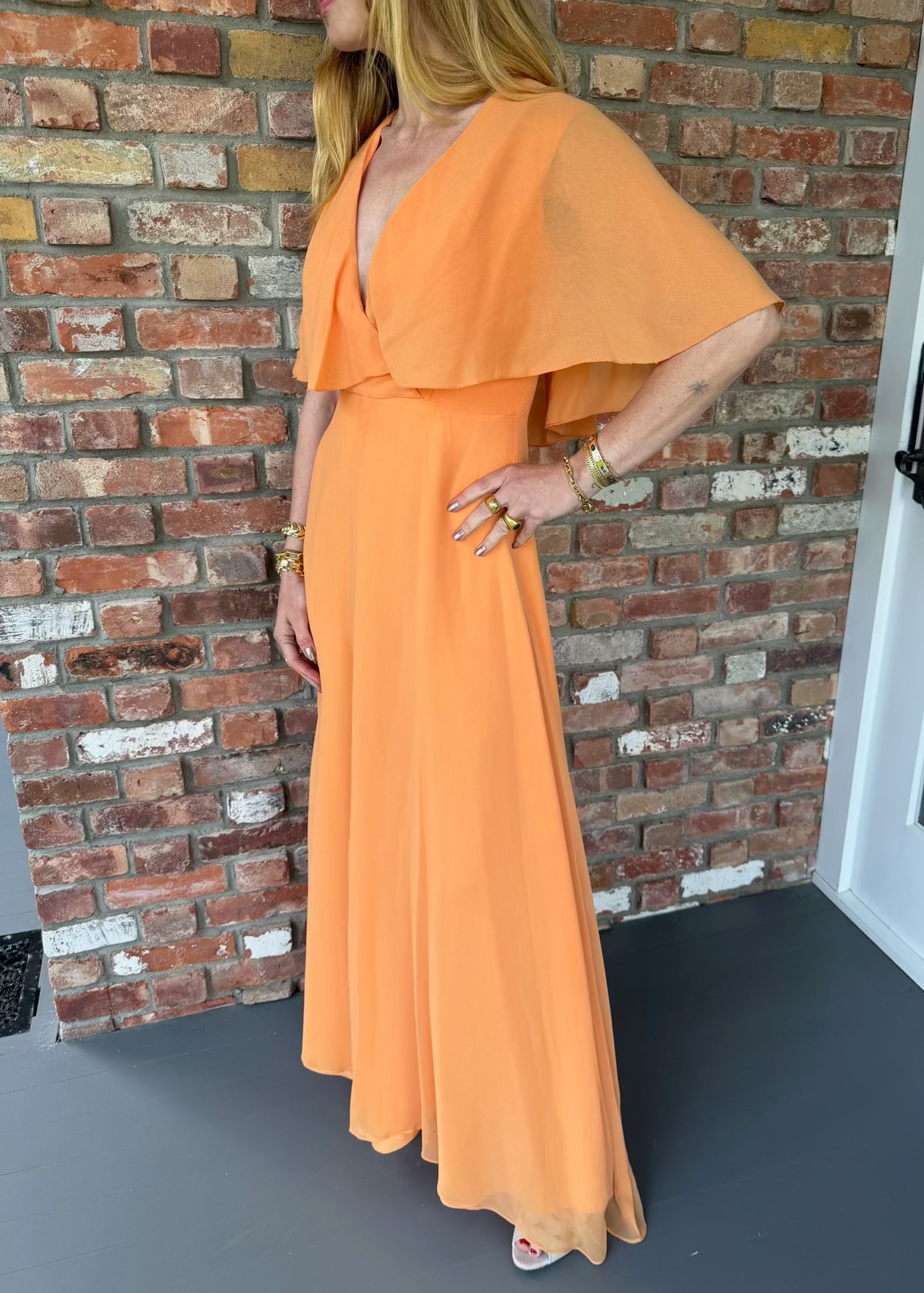 1970s Apricot Chiffon Cape Sleeve Gown