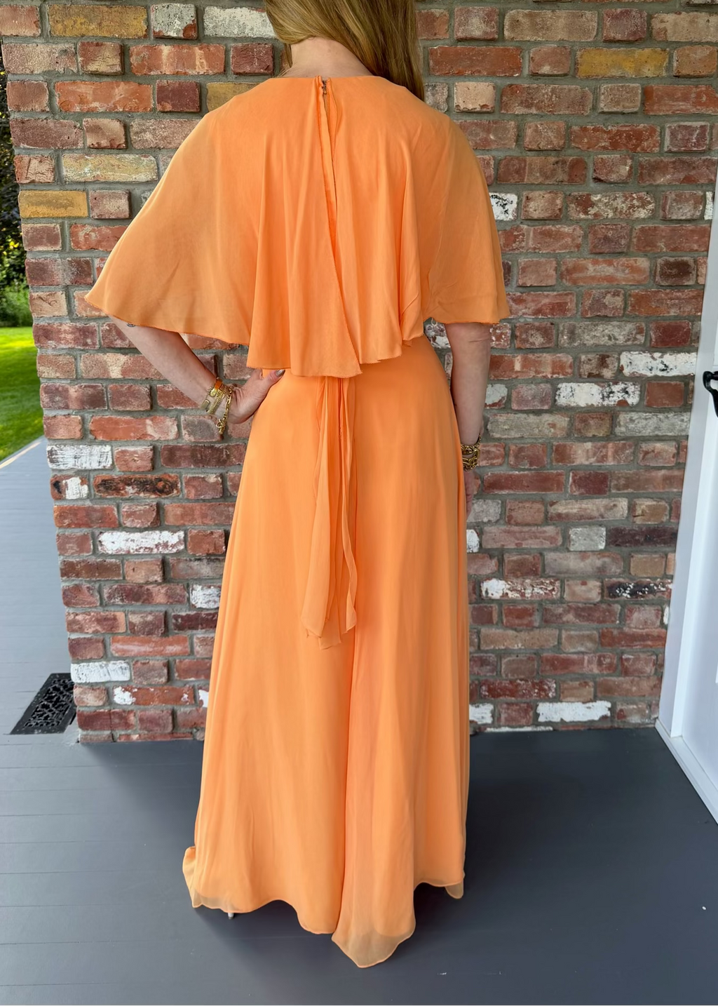 1970s Apricot Chiffon Cape Sleeve Gown