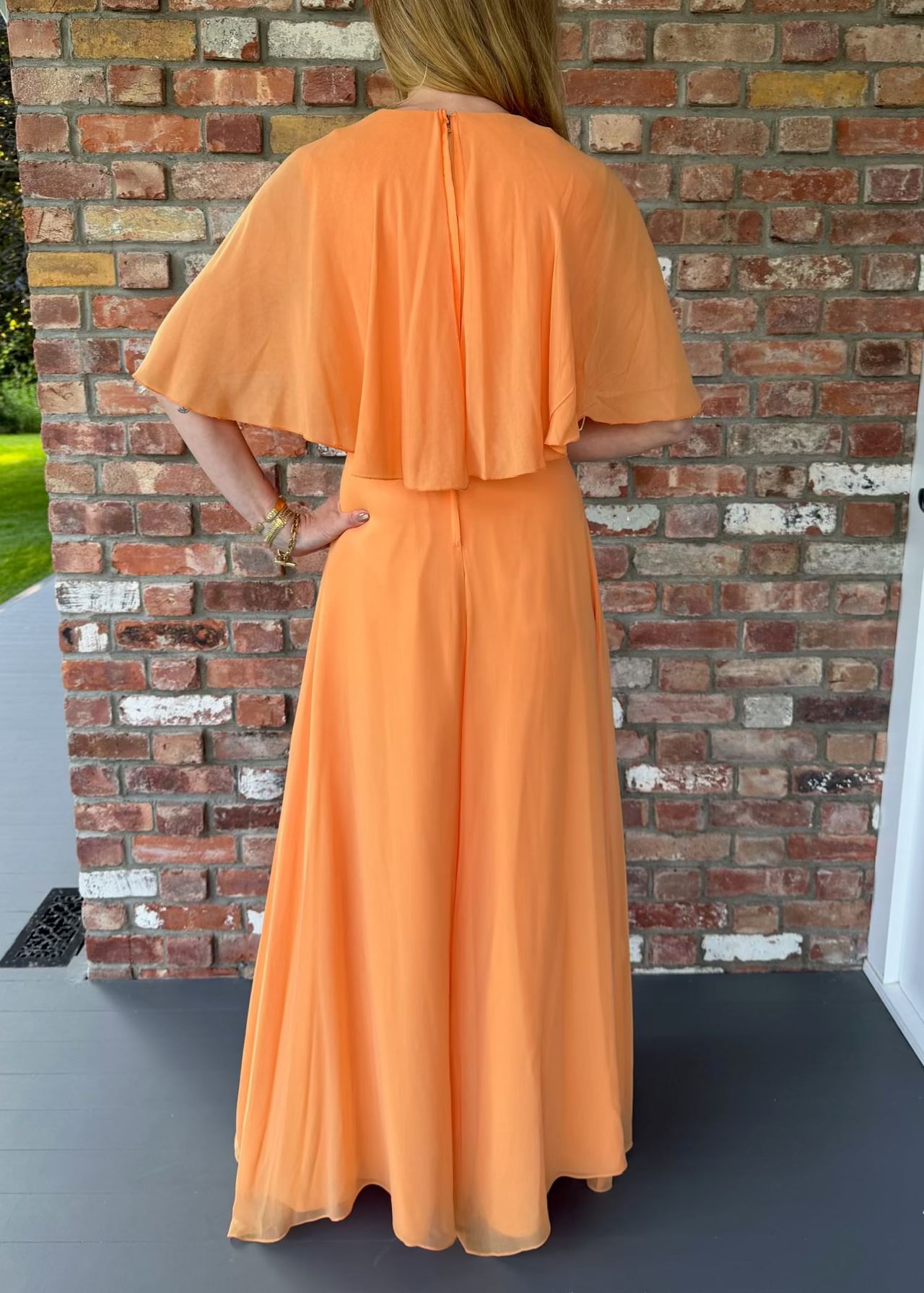 1970s Apricot Chiffon Cape Sleeve Gown