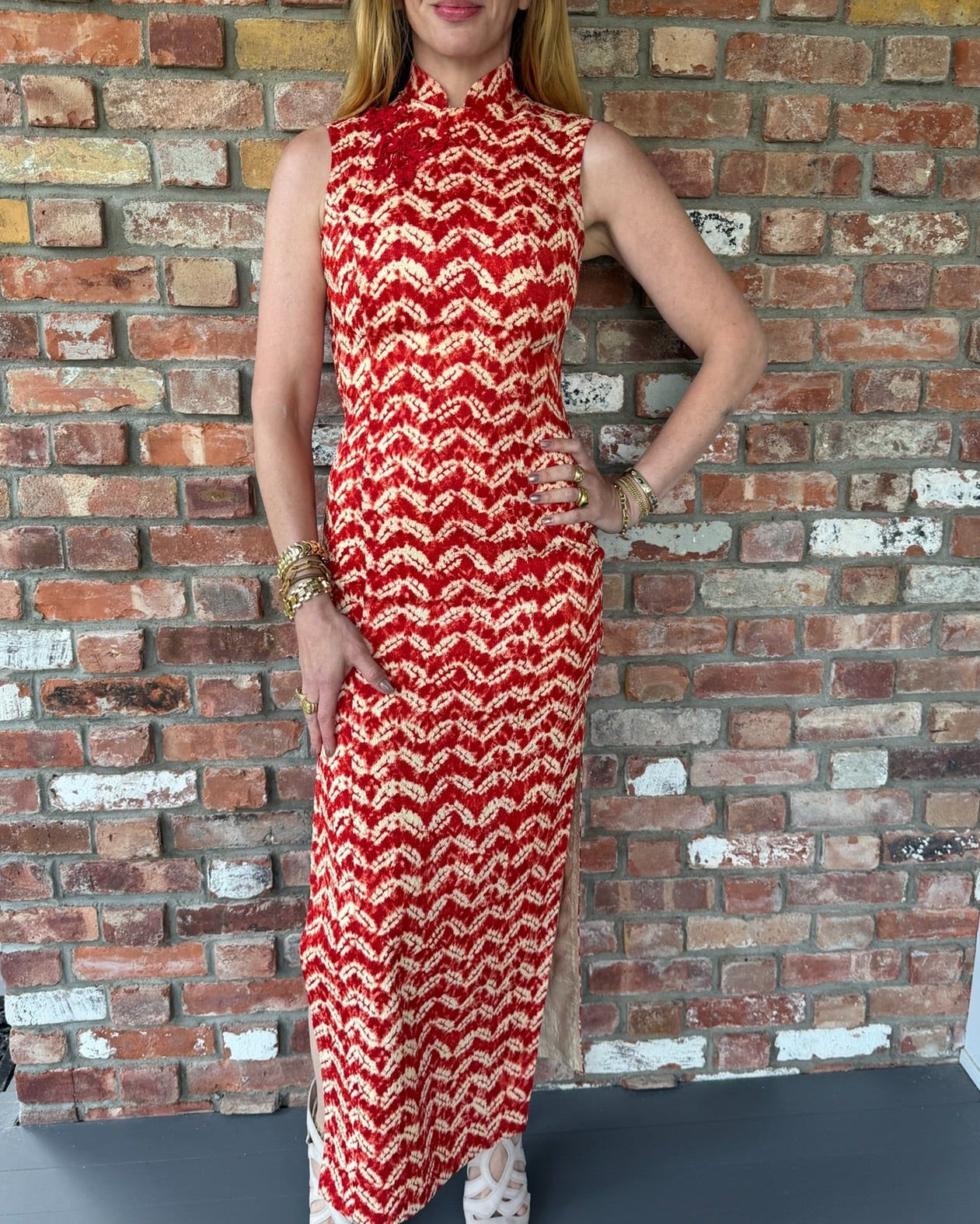 1990s Long Red Cheongsam Dress