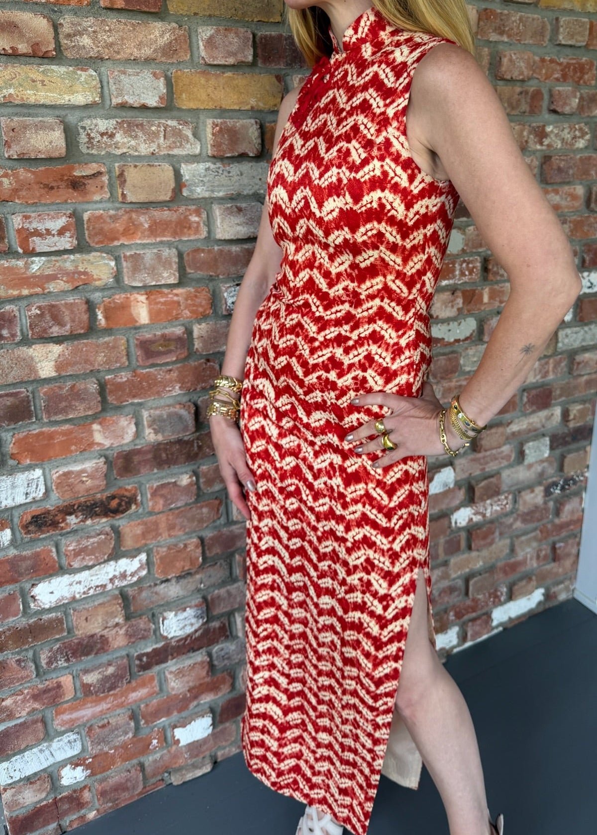 1990s Long Red Cheongsam Dress