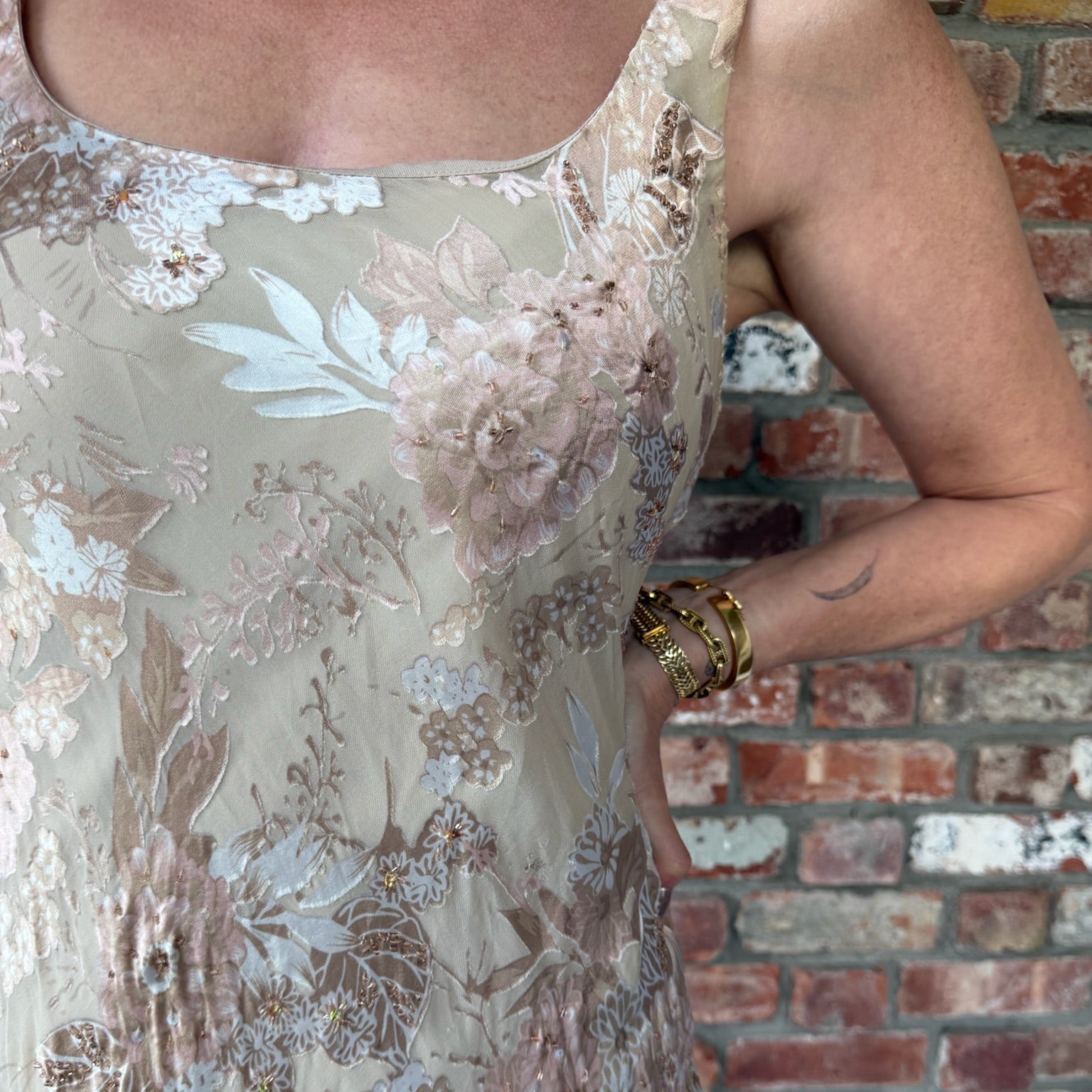 Early 2000s Beige and Blush Floral Satin Gown