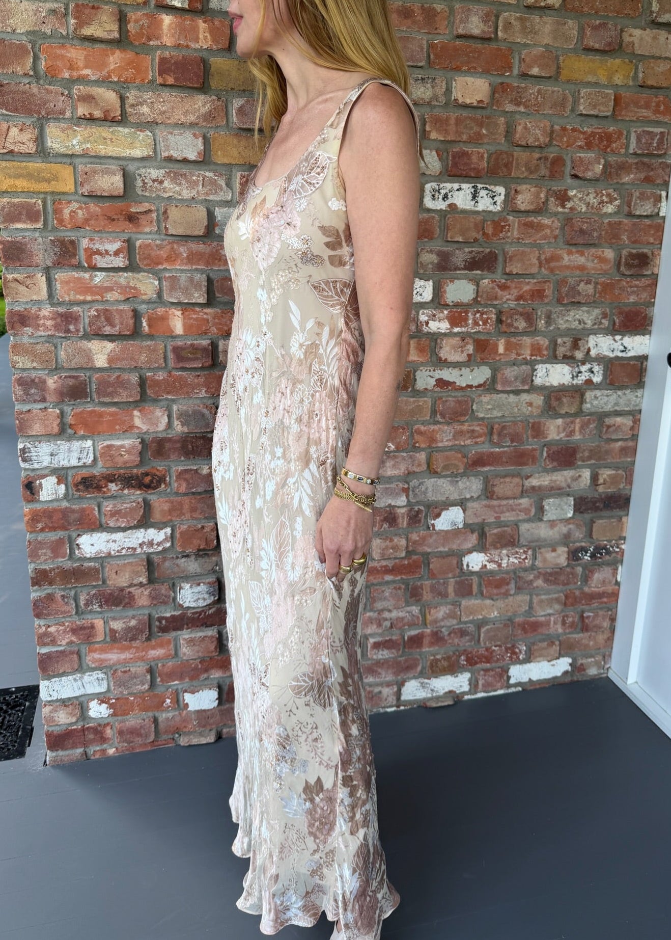 Early 2000s Beige and Blush Floral Satin Gown