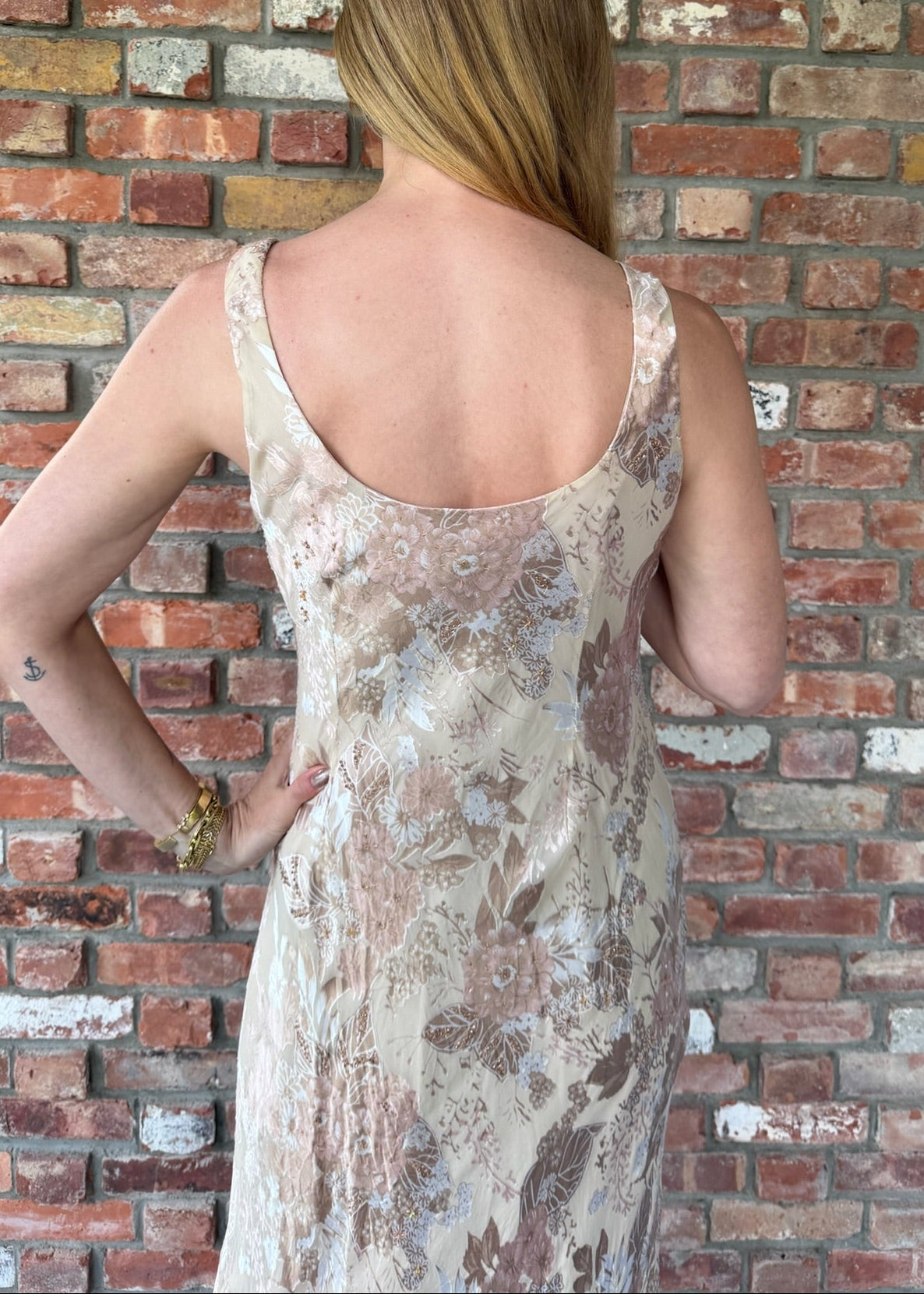 Early 2000s Beige and Blush Floral Satin Gown