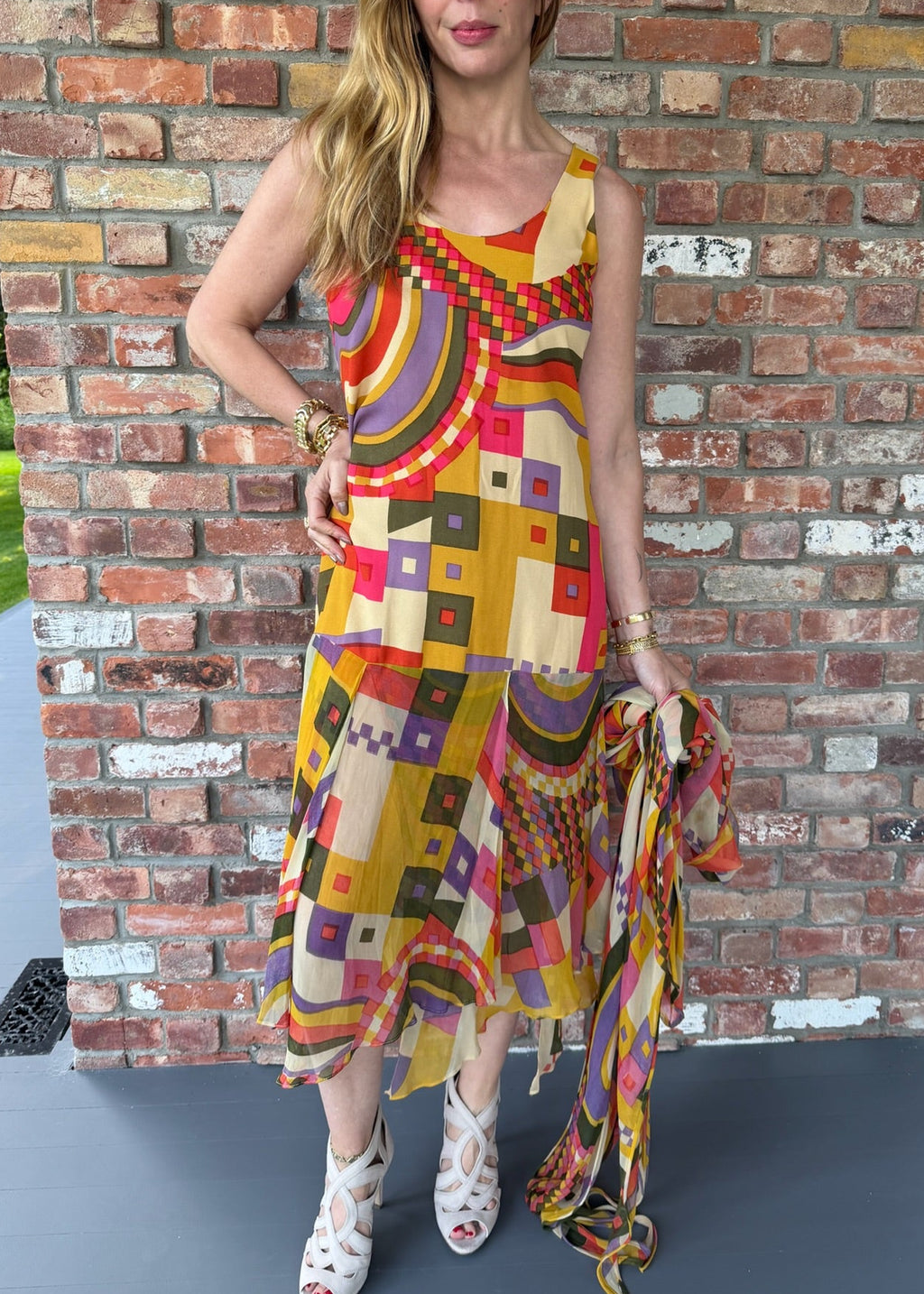 1970s Colorful Geometric Patterned Dress with Matching Bolero