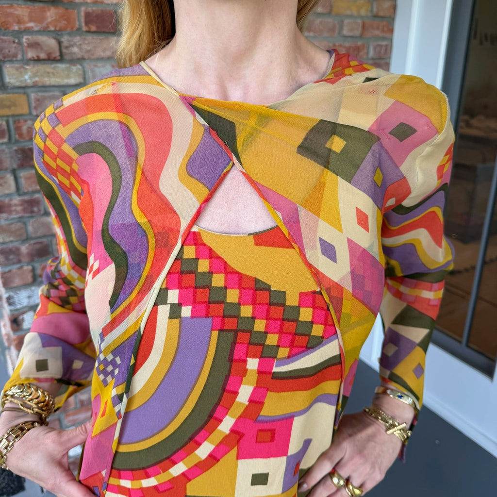 1970s Colorful Geometric Patterned Dress with Matching Bolero