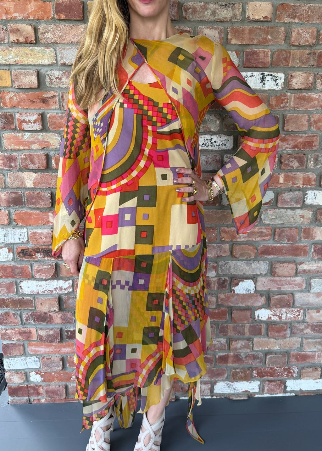 1970s Colorful Geometric Patterned Dress with Matching Bolero