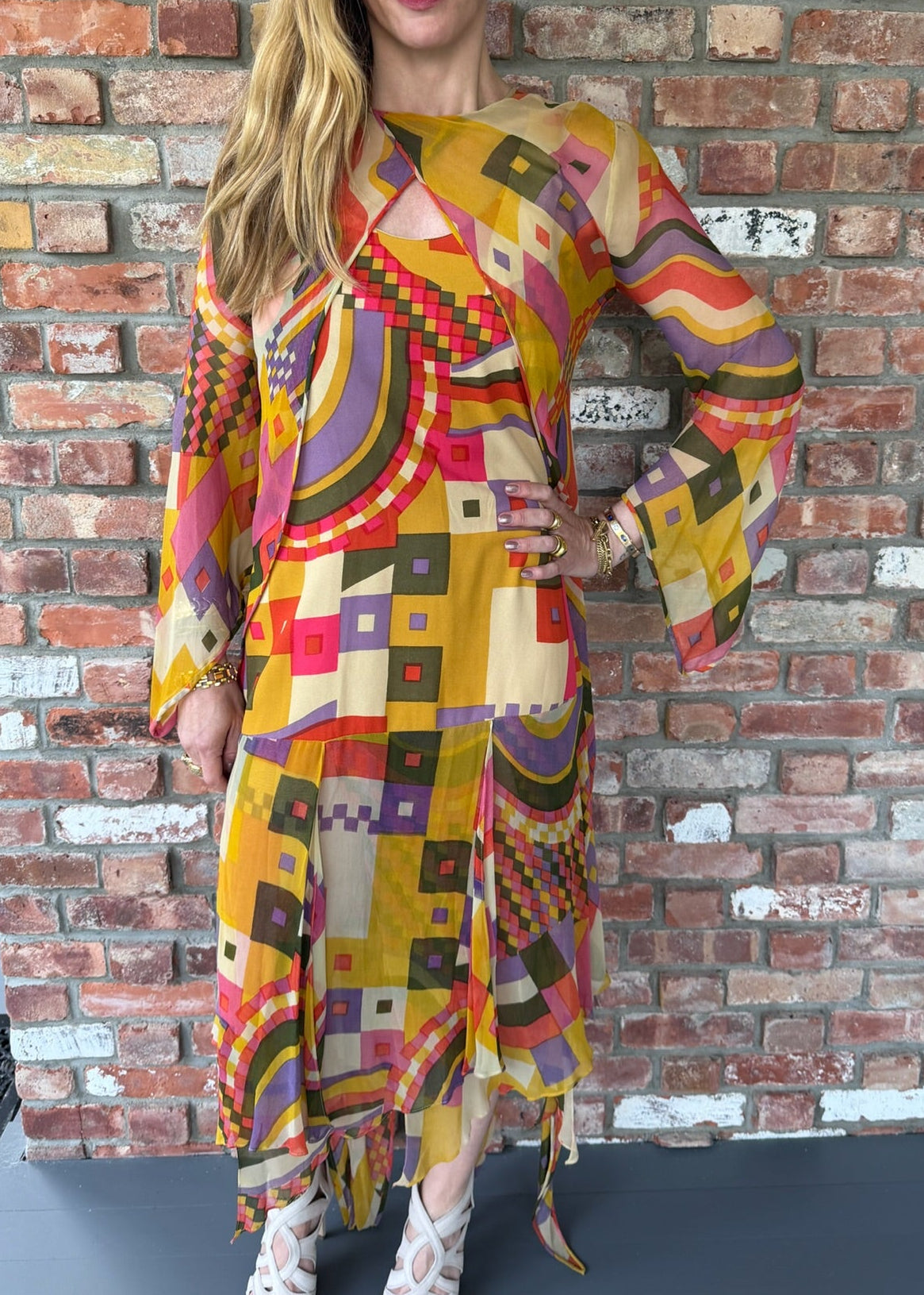 1970s Colorful Geometric Patterned Dress with Matching Bolero