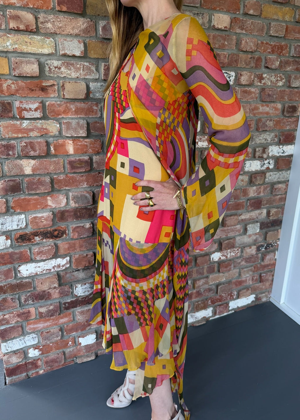 1970s Colorful Geometric Patterned Dress with Matching Bolero