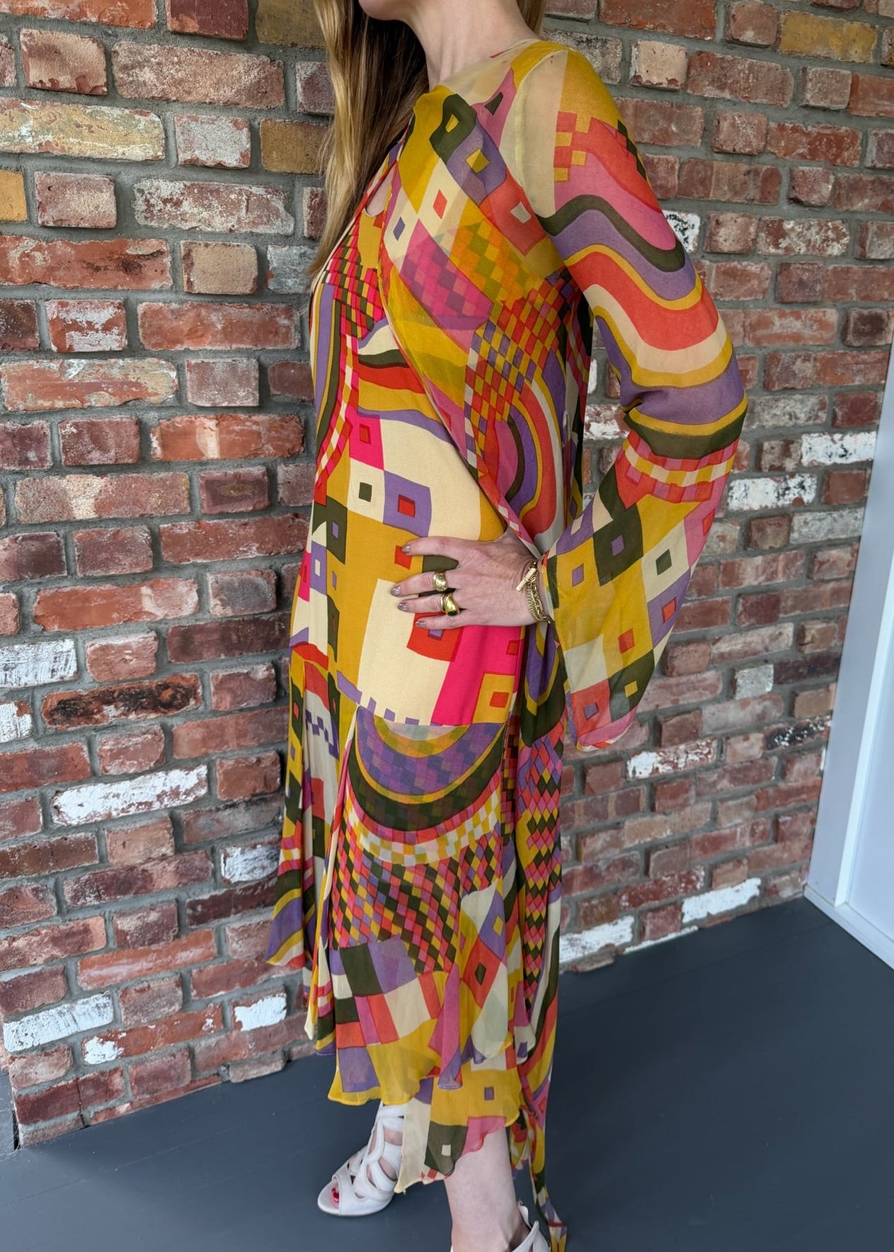 1970s Colorful Geometric Patterned Dress with Matching Bolero