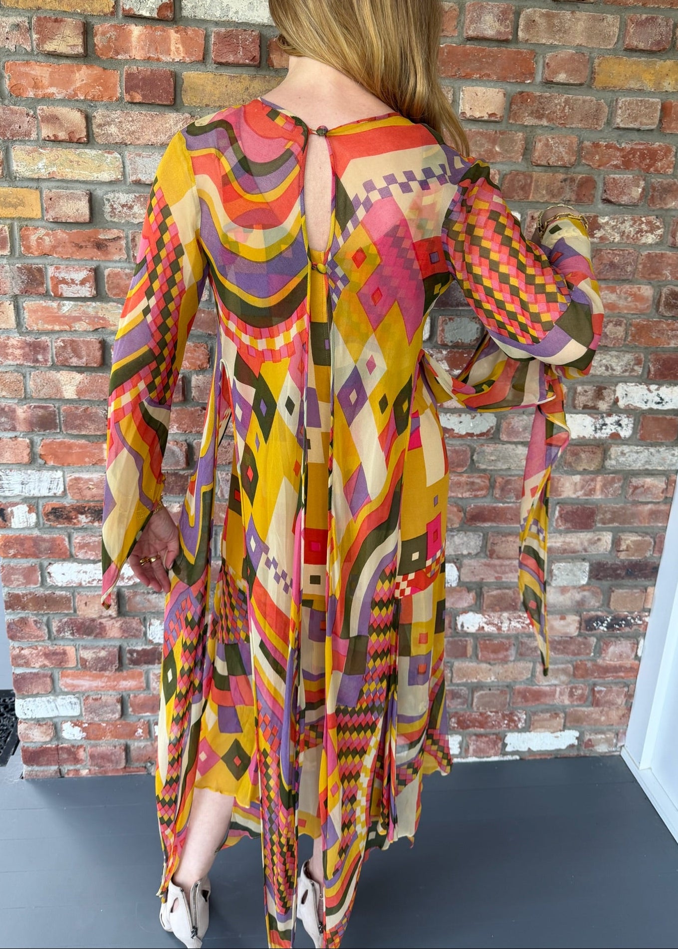 1970s Colorful Geometric Patterned Dress with Matching Bolero