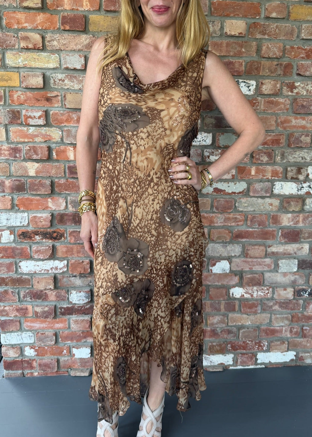 Late 1990s - Early 2000s Sue Wong Brown Silk Cowl Neck Dress