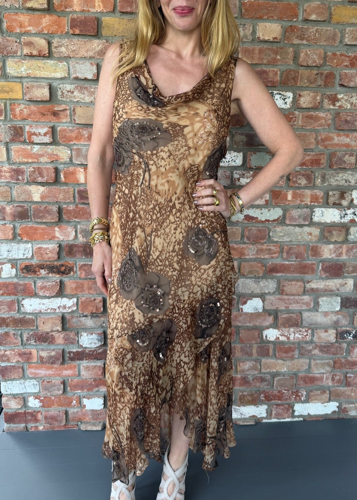 Late 1990s - Early 2000s Sue Wong Brown Silk Cowl Neck Dress