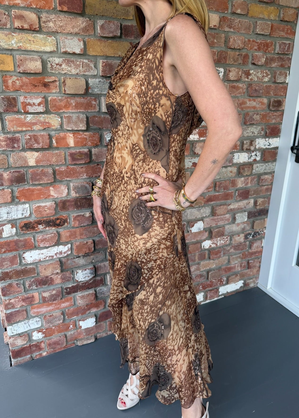Late 1990s - Early 2000s Sue Wong Brown Silk Cowl Neck Dress
