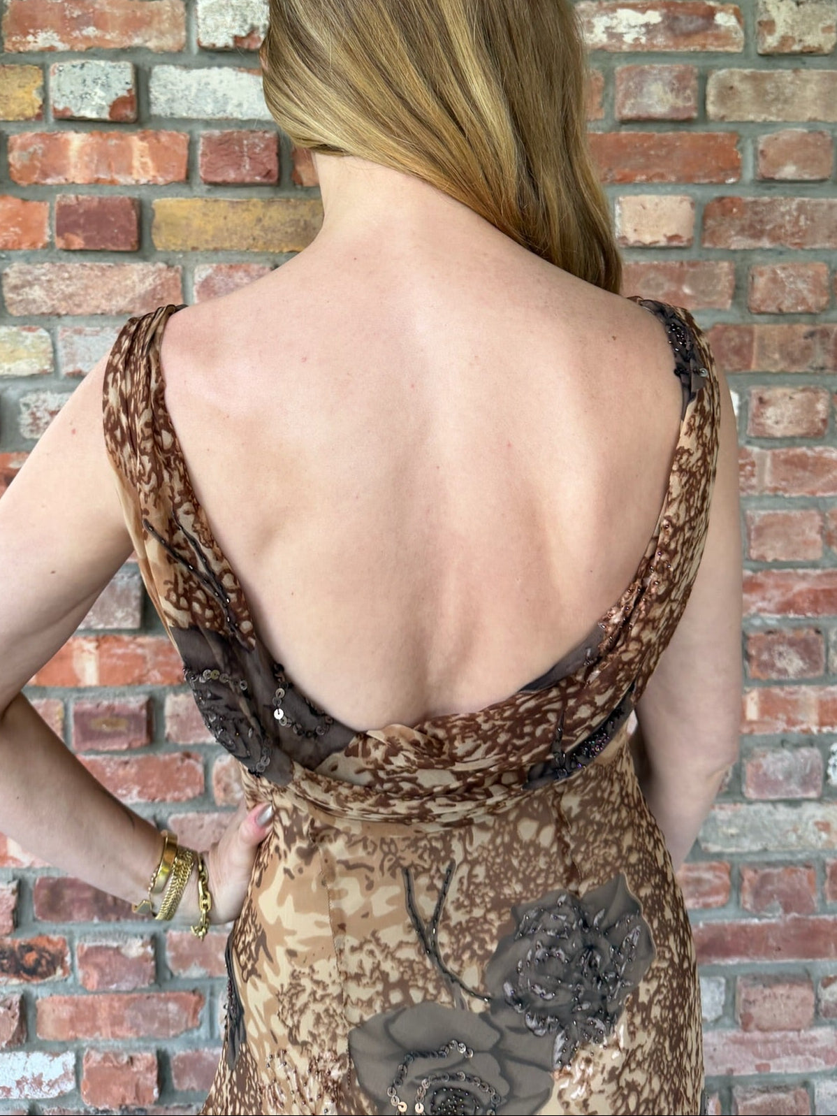 Late 1990s - Early 2000s Sue Wong Brown Silk Cowl Neck Dress