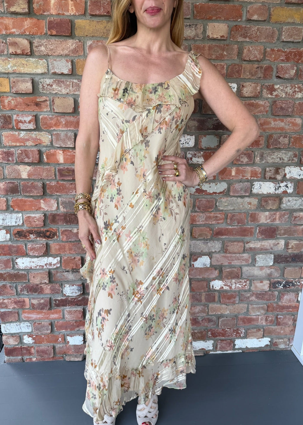 2000s Ivory Floral Silk Long Dress