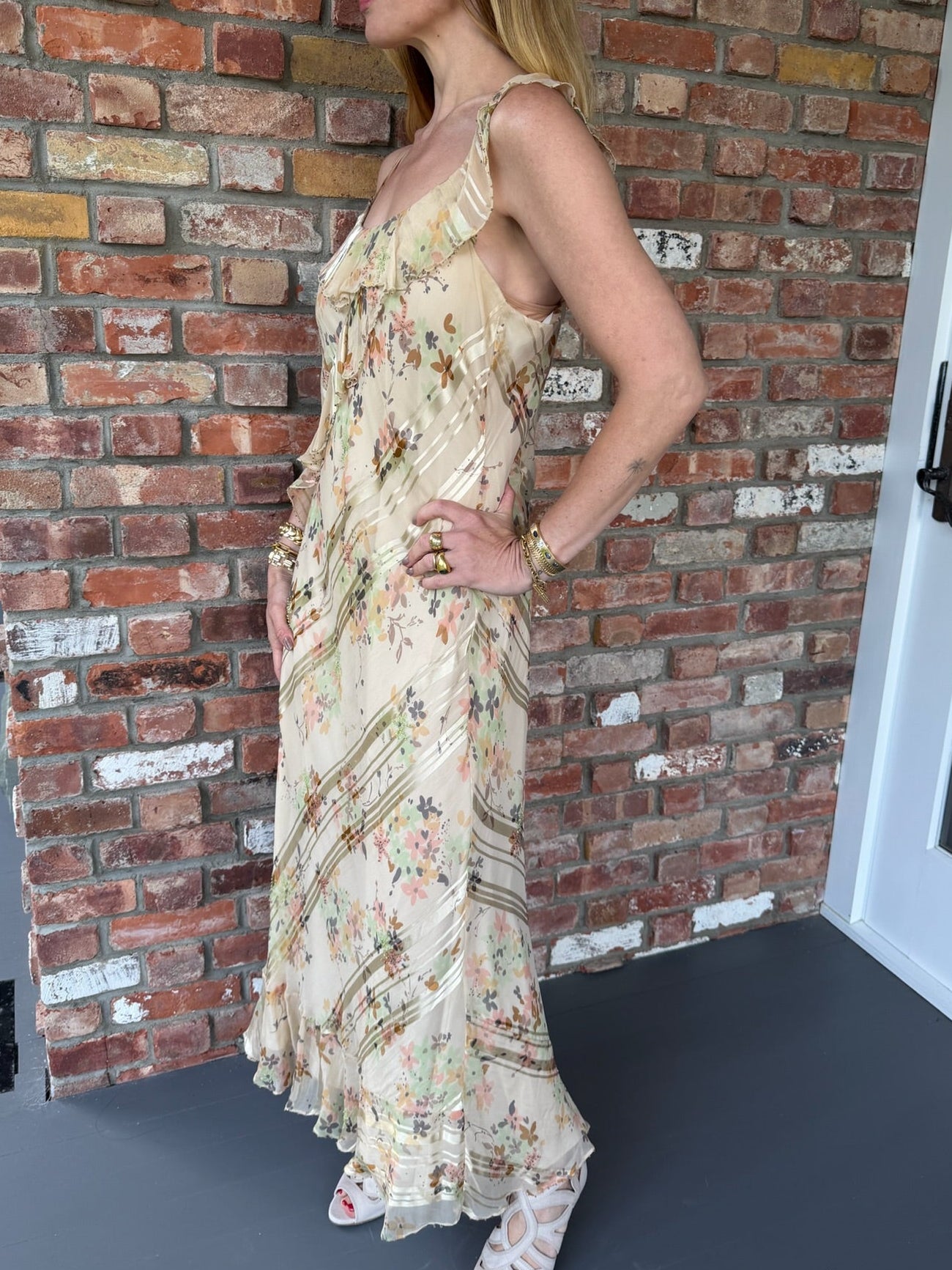 2000s Ivory Floral Silk Long Dress