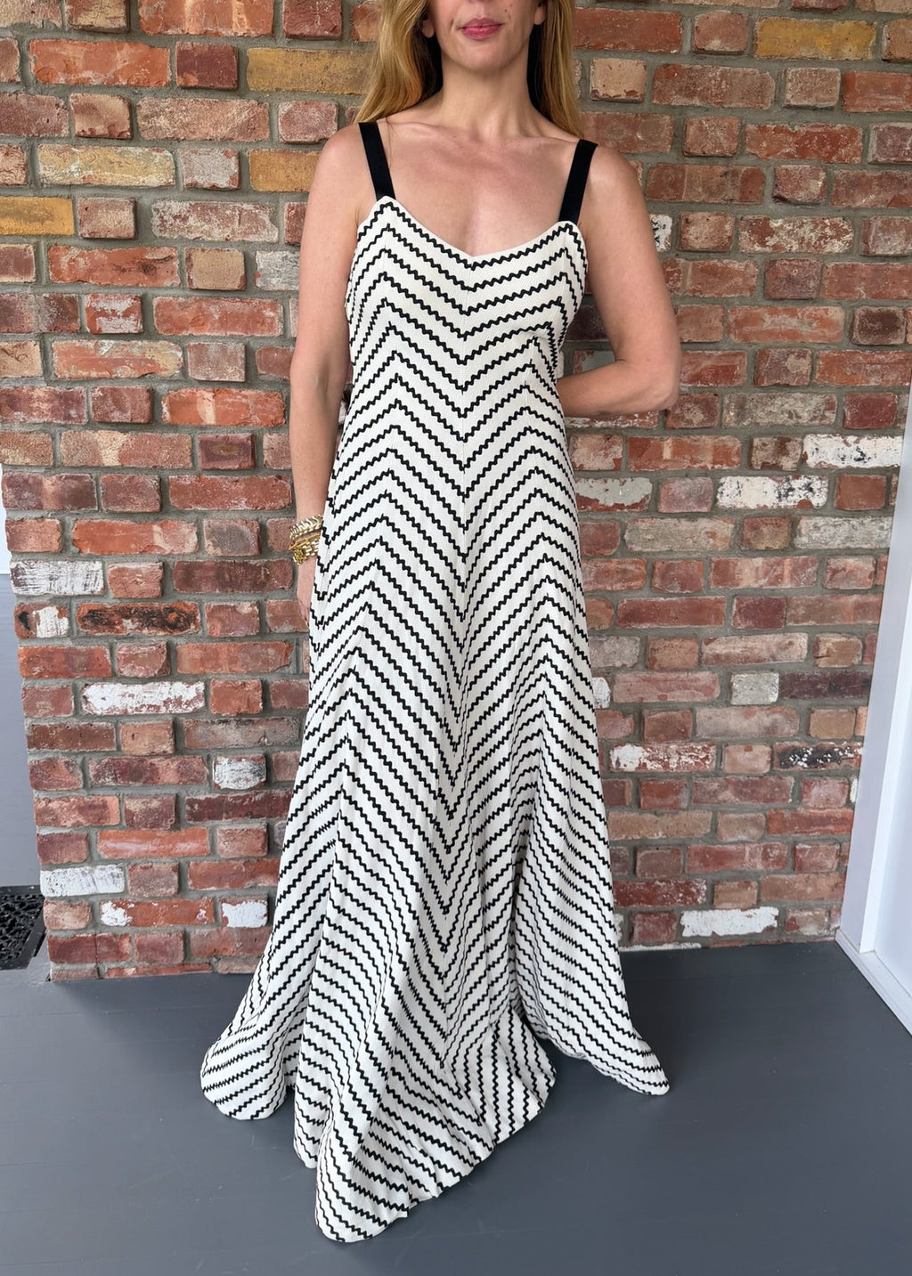 1940s Black and White Chevron Pattern Long Dress
