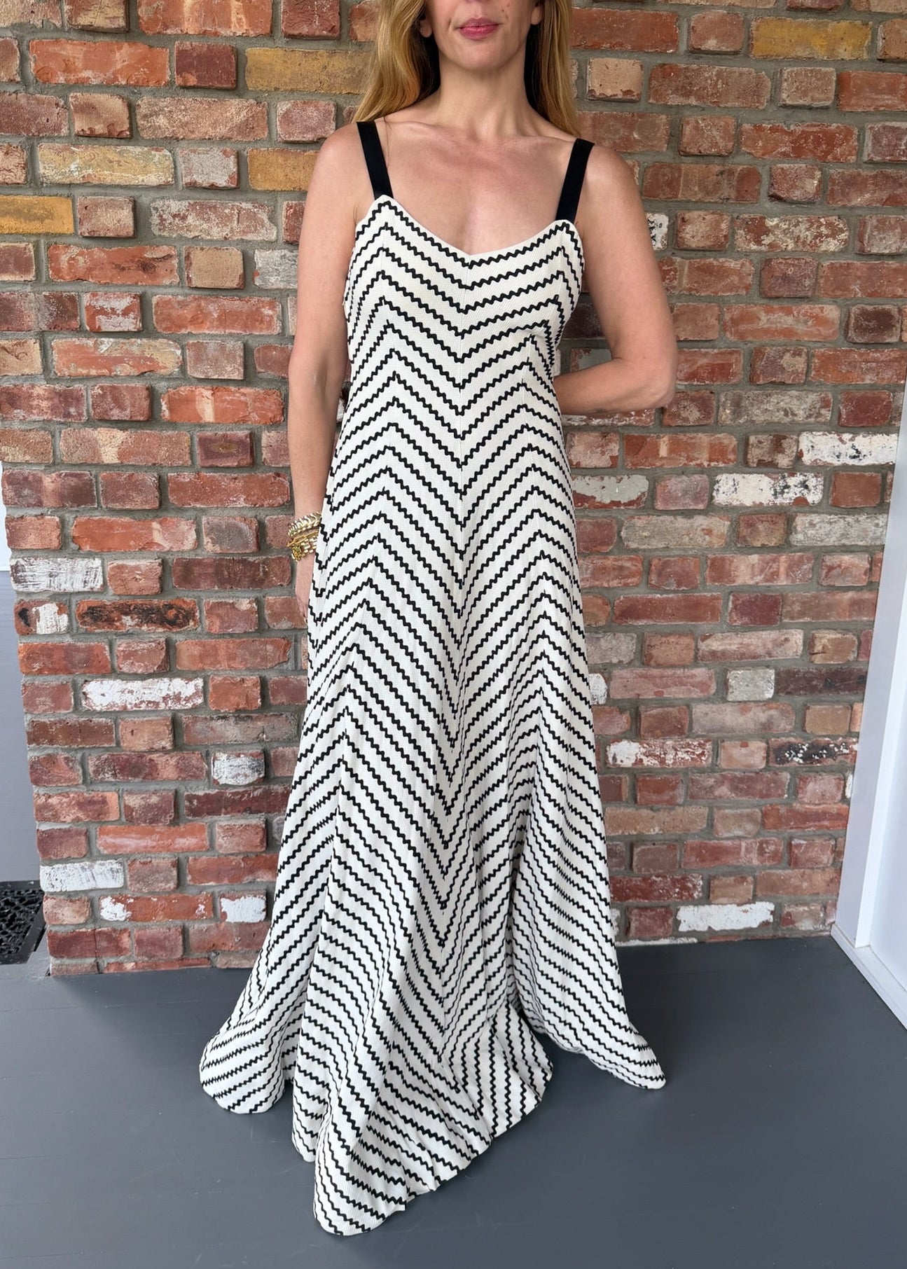 1940s Black and White Chevron Pattern Long Dress