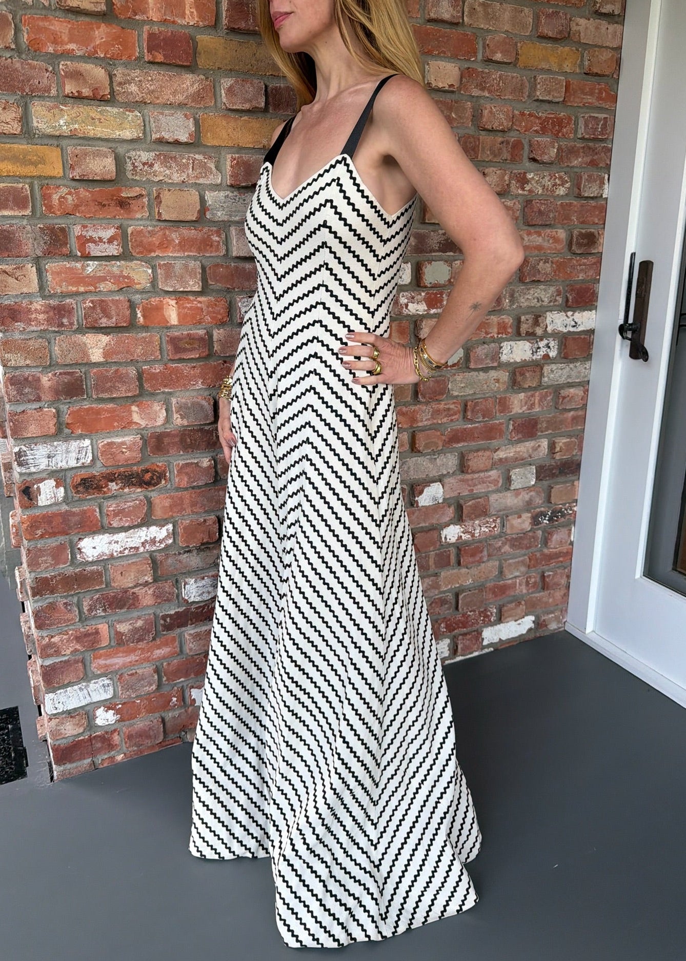 1940s Black and White Chevron Pattern Long Dress