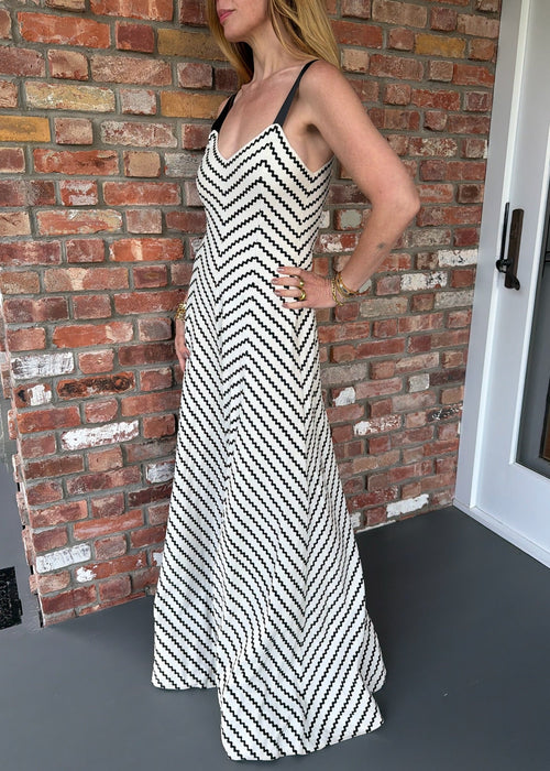 1940s Black and White Chevron Pattern Long Dress