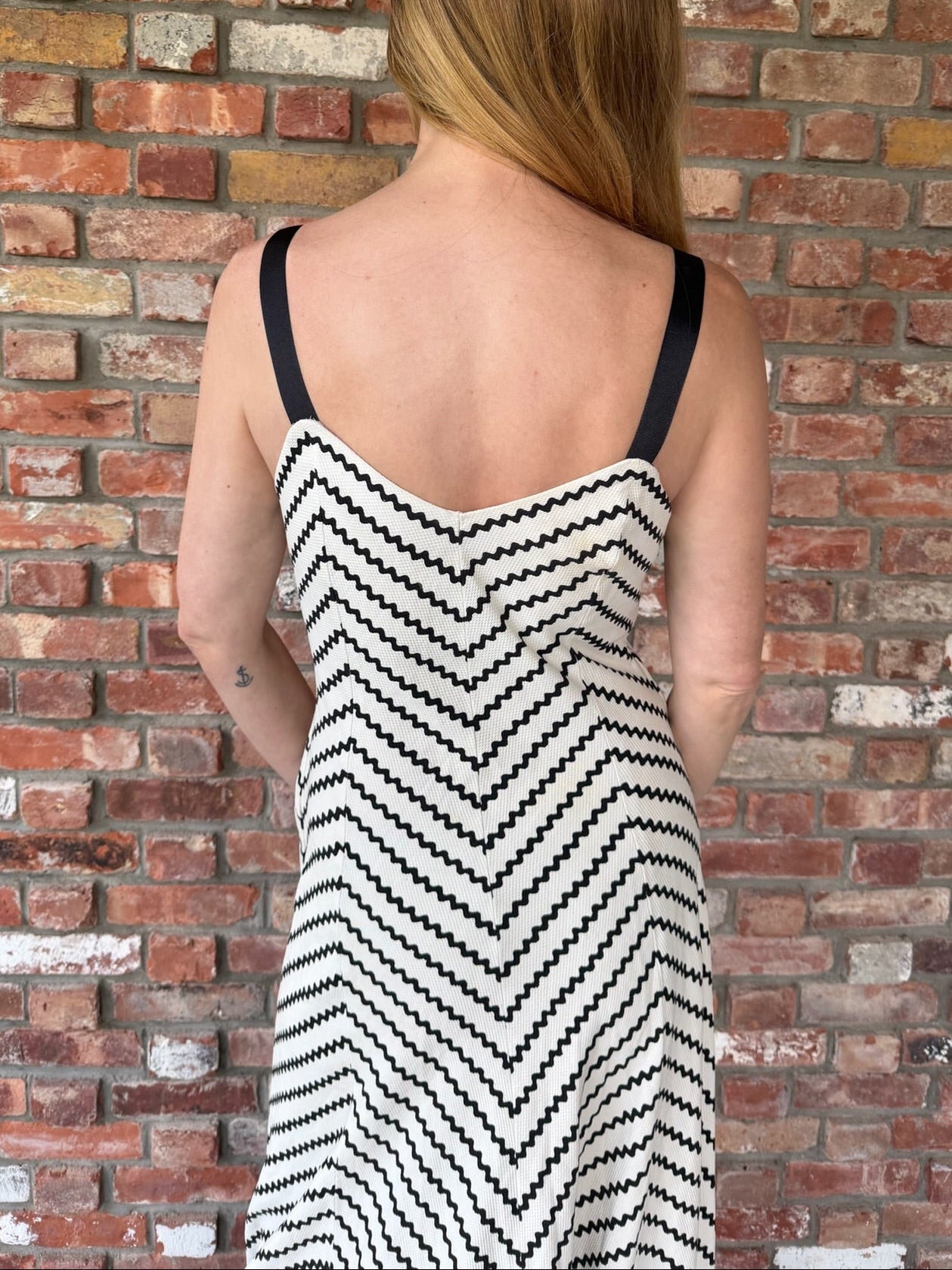 1940s Black and White Chevron Pattern Long Dress