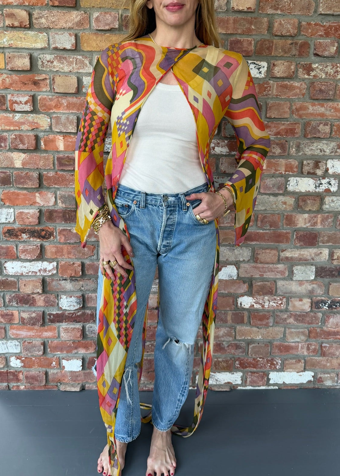 1970s Colorful Geometric Patterned Dress with Matching Bolero