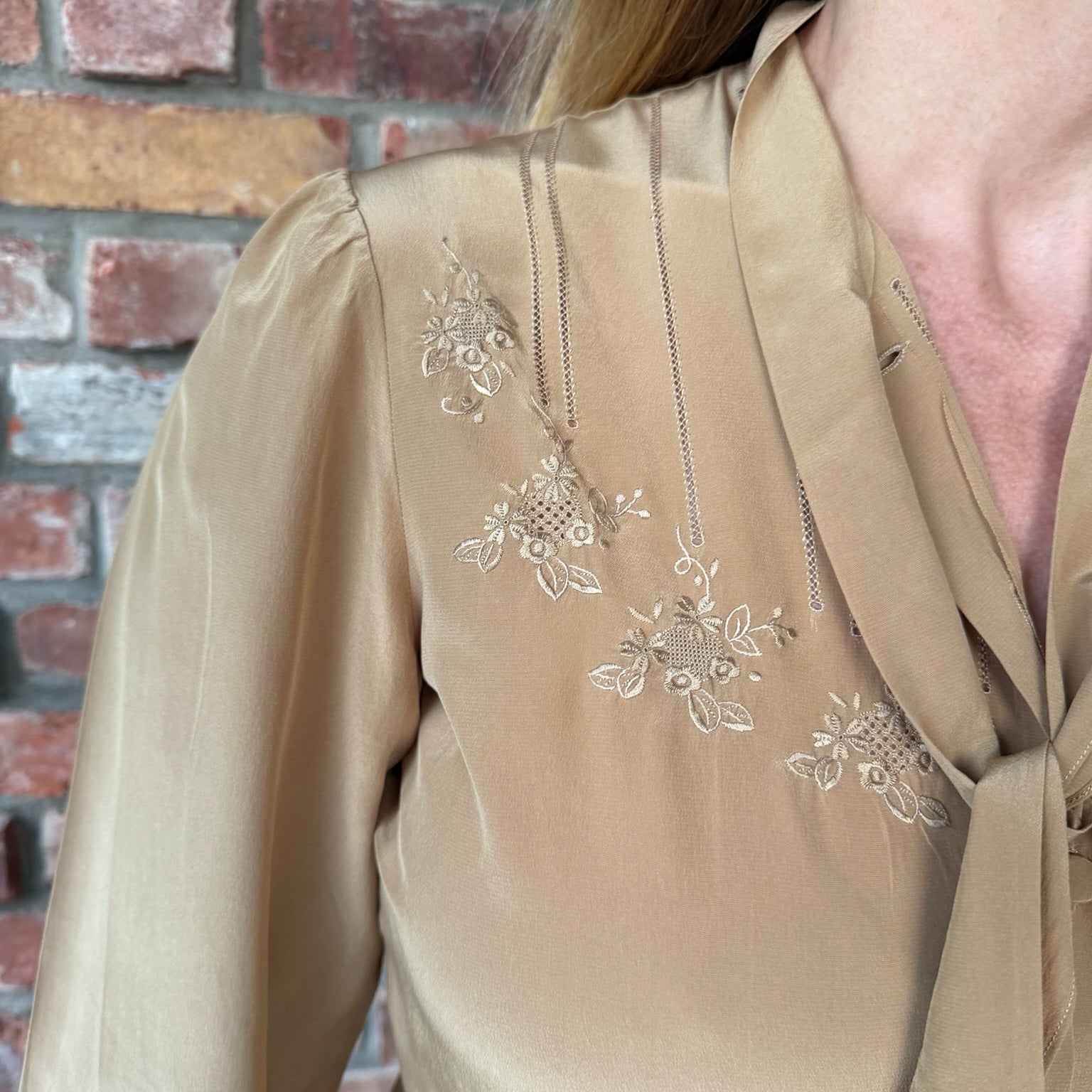 1970s Camel Silk Tie-Neck Blouse