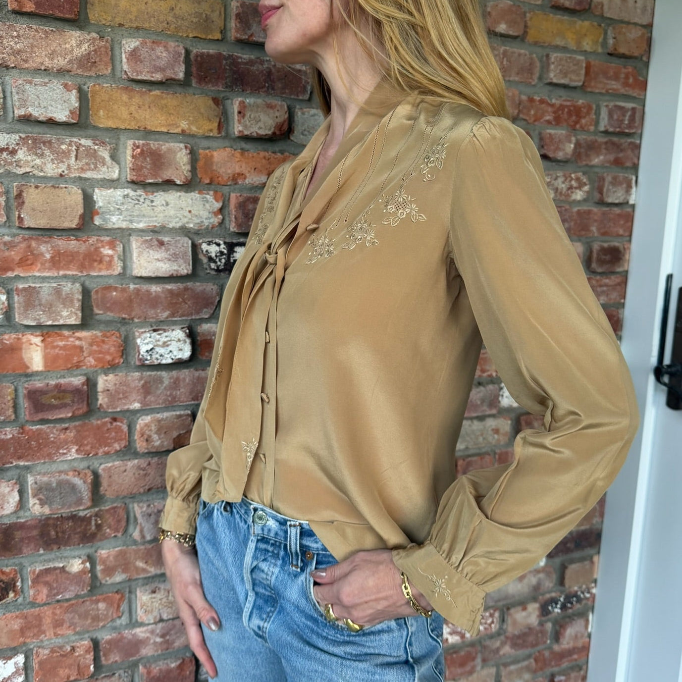 1970s Camel Silk Tie-Neck Blouse
