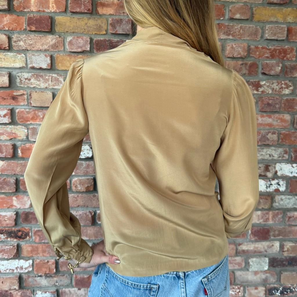 1970s Camel Silk Tie-Neck Blouse