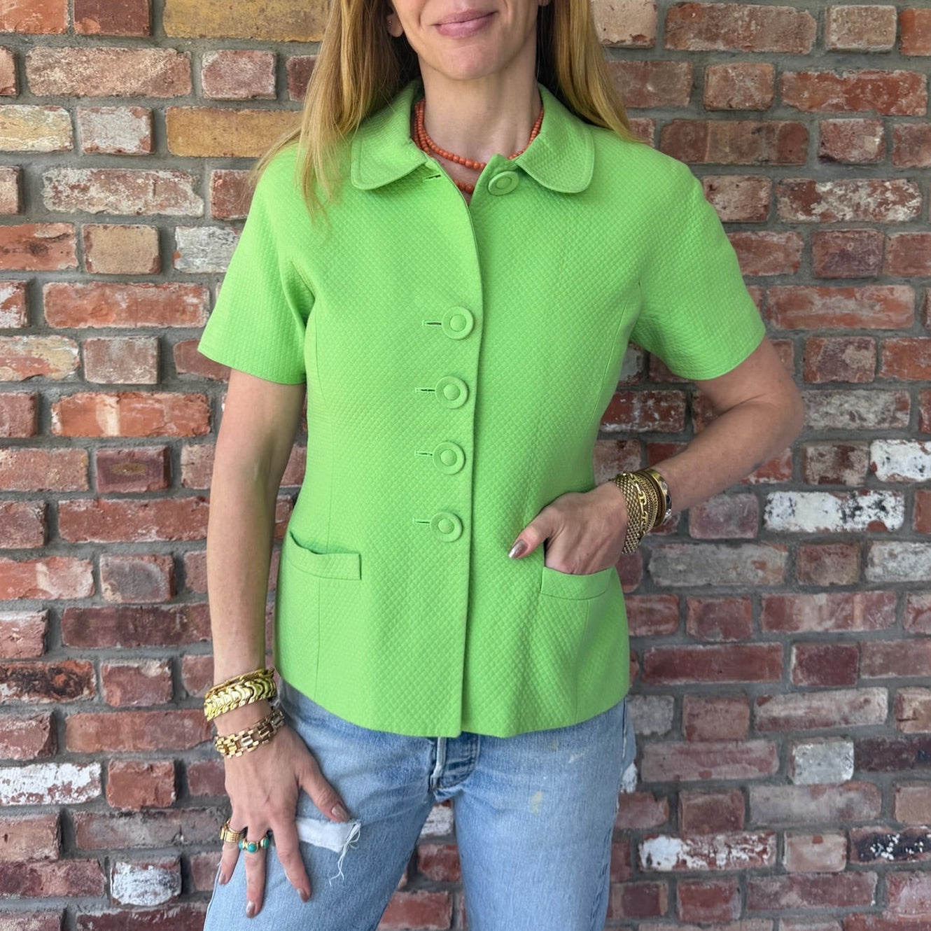 Late 1980s Christian Dior Lime Green Short Sleeve Jacket