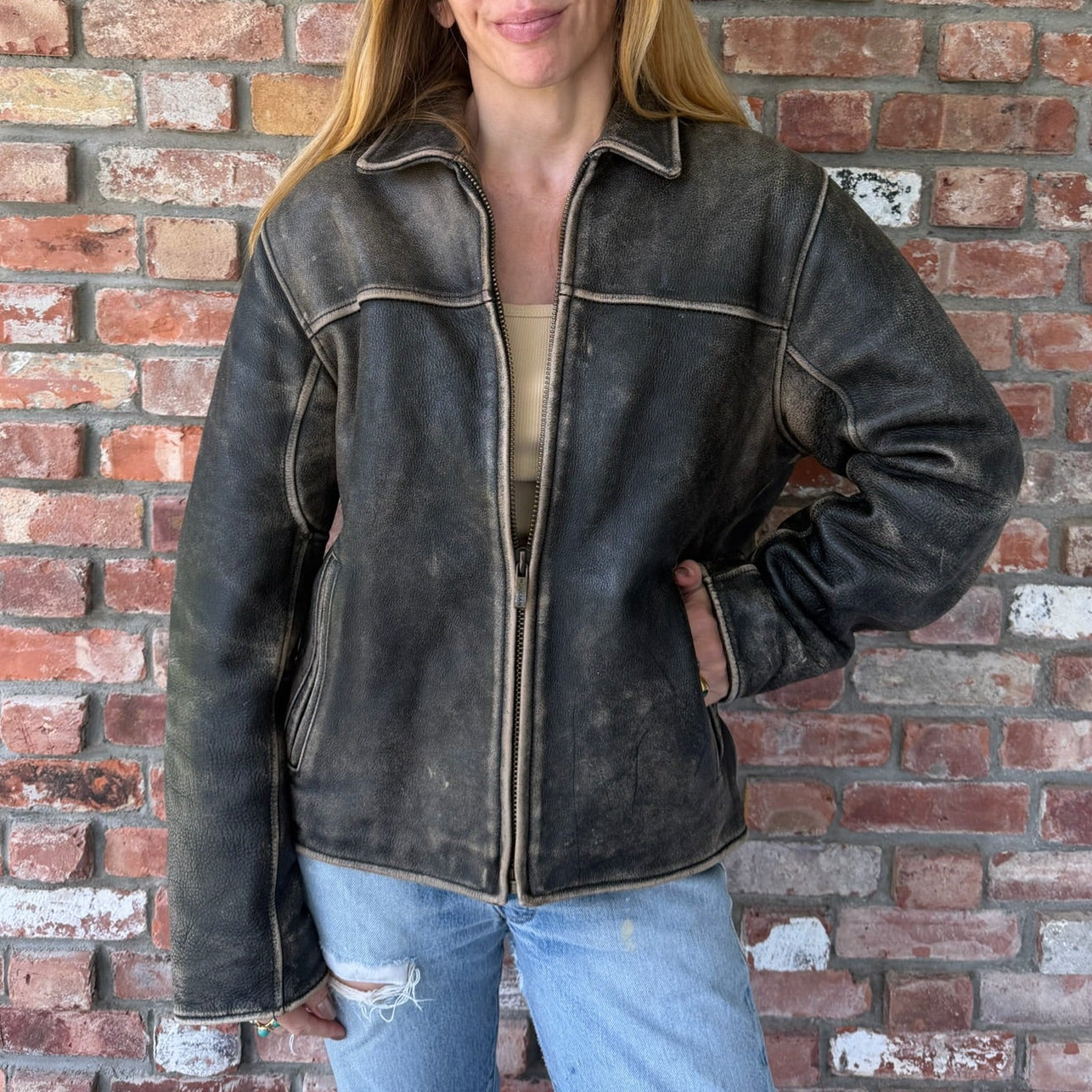 Late 1990s - Early 2000s Distressed Black Leather Jacket