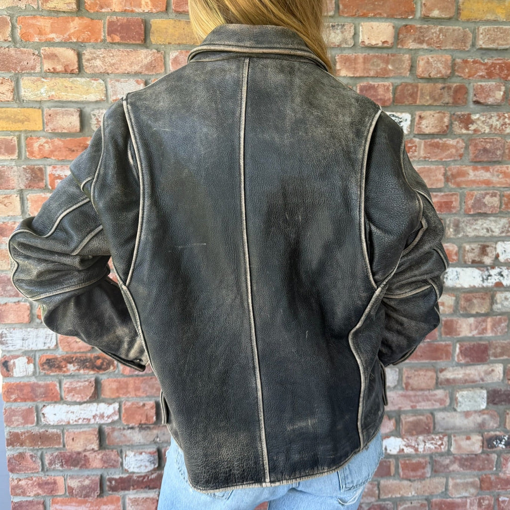 Late 1990s - Early 2000s Distressed Black Leather Jacket
