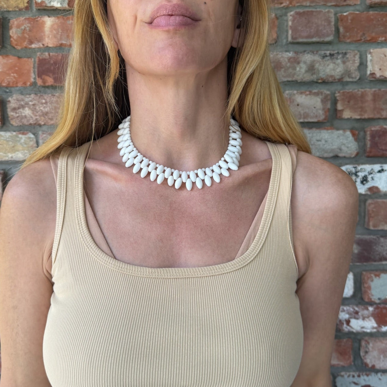 1950s to 1960s White Milk Glass Fringe Necklace