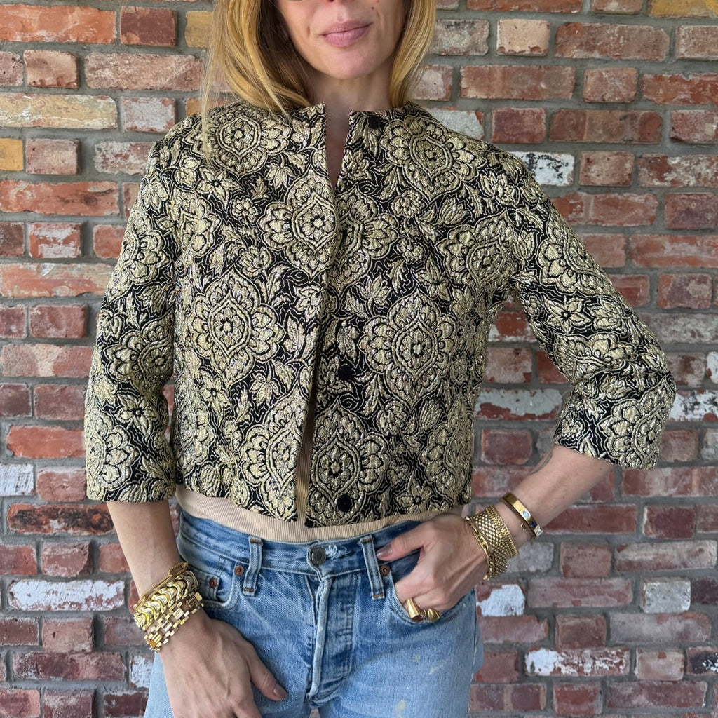 Late 1980s to Early 1990s Black and Metallic Gold Brocade Evening Jacket