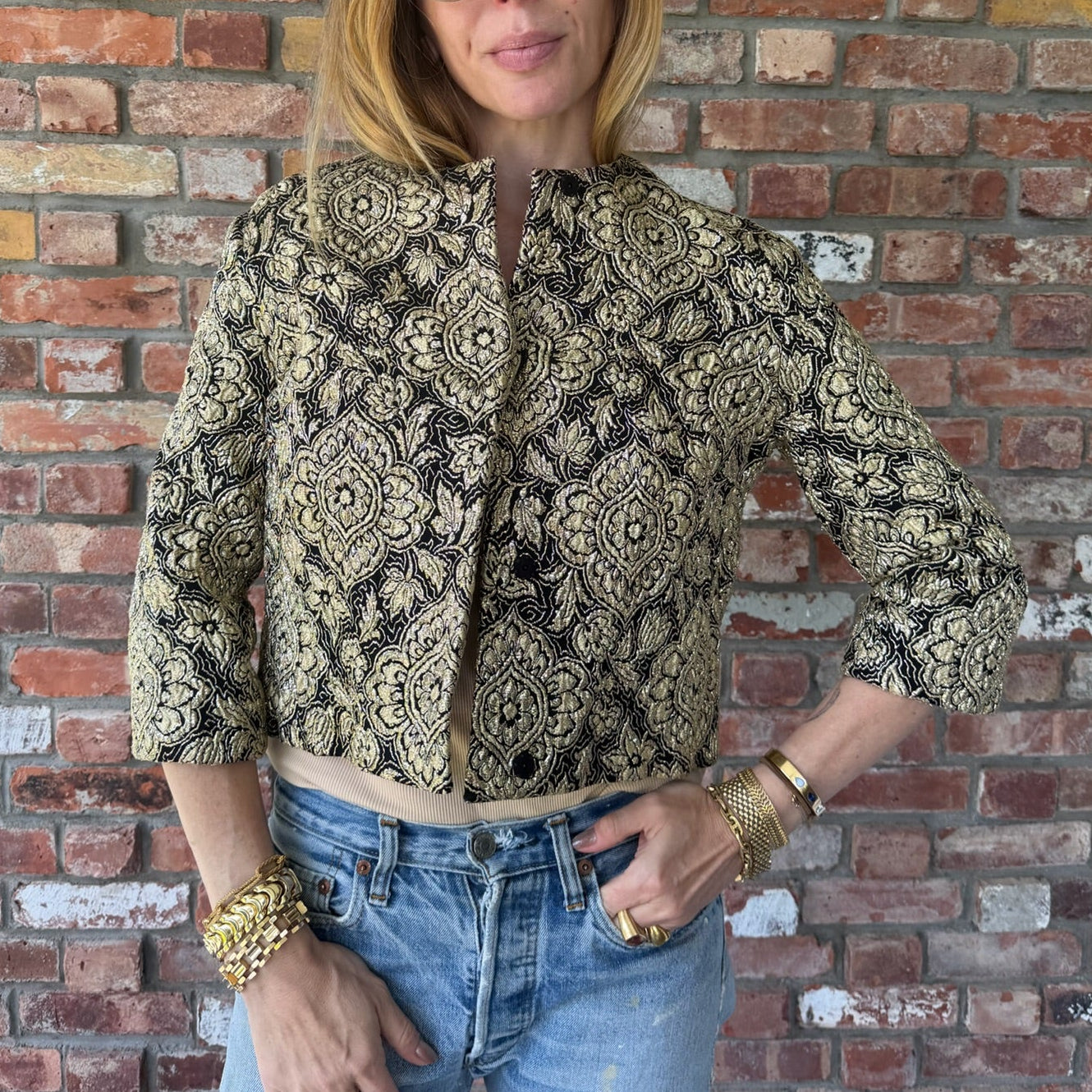 Late 1980s to Early 1990s Black and Metallic Gold Brocade Evening Jacket