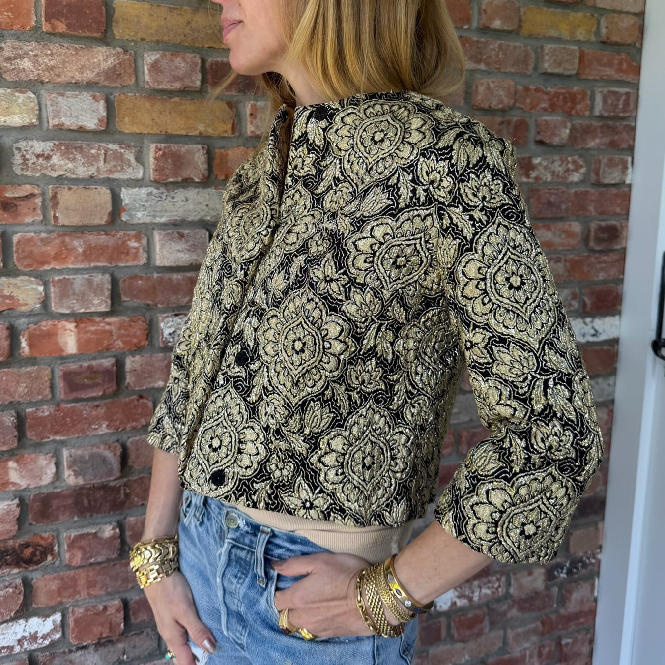 Late 1980s to Early 1990s Black and Metallic Gold Brocade Evening Jacket