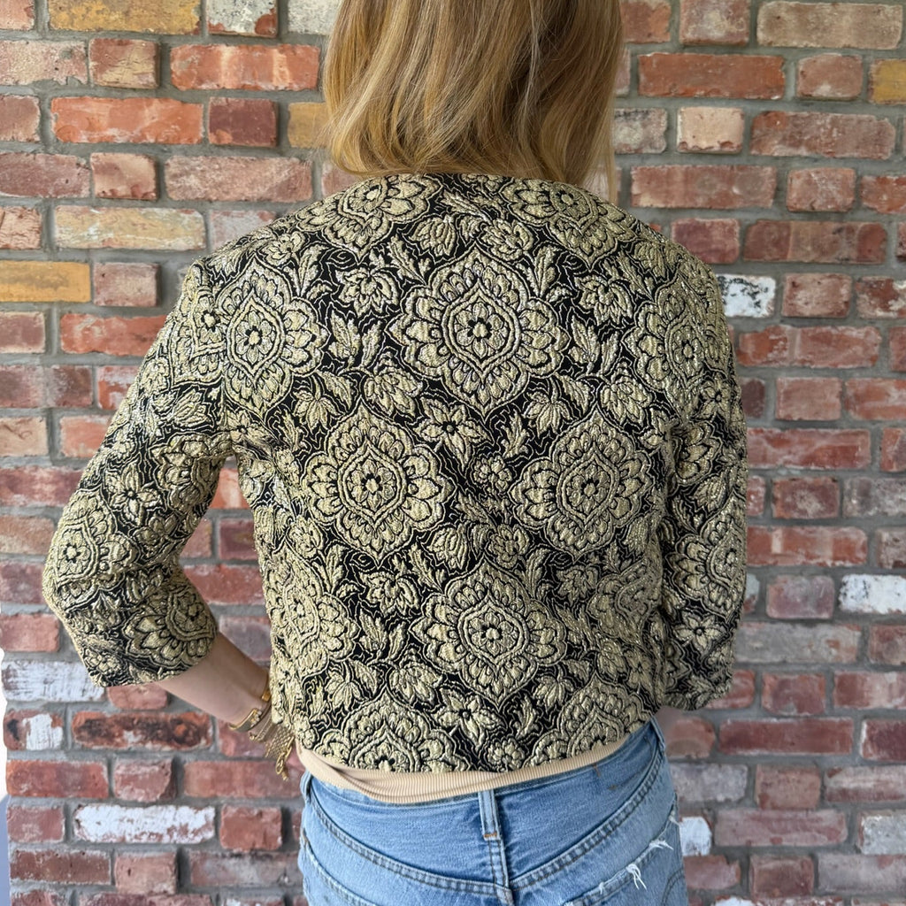 Late 1980s to Early 1990s Black and Metallic Gold Brocade Evening Jacket